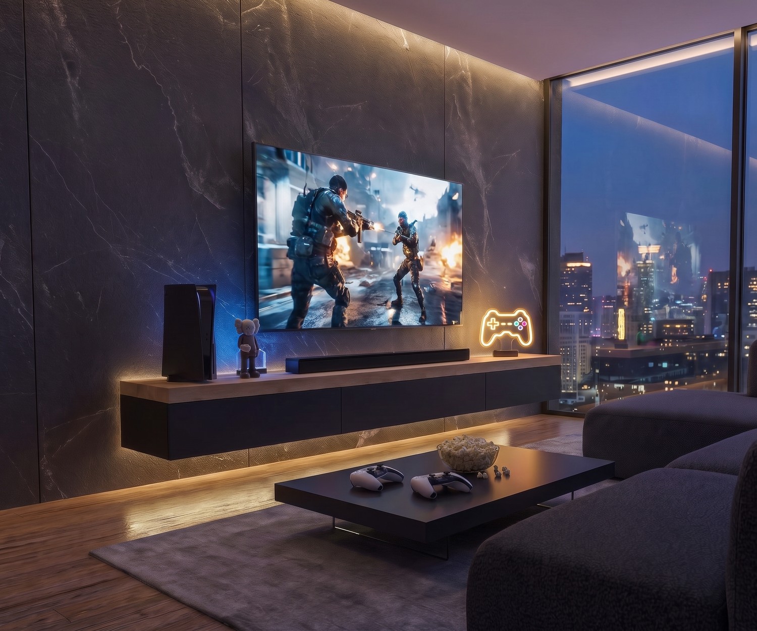 Livitalia Lowboard mit dicker Abdeckplatte Hängendes TV Lowboard im Wohnzimmer: Livitalia Lowboard mit dicker Abdeckplatte aus Holz, dunkle Wandpaneele, modernes Design für ein perfektes Gaming Wohnzimmer