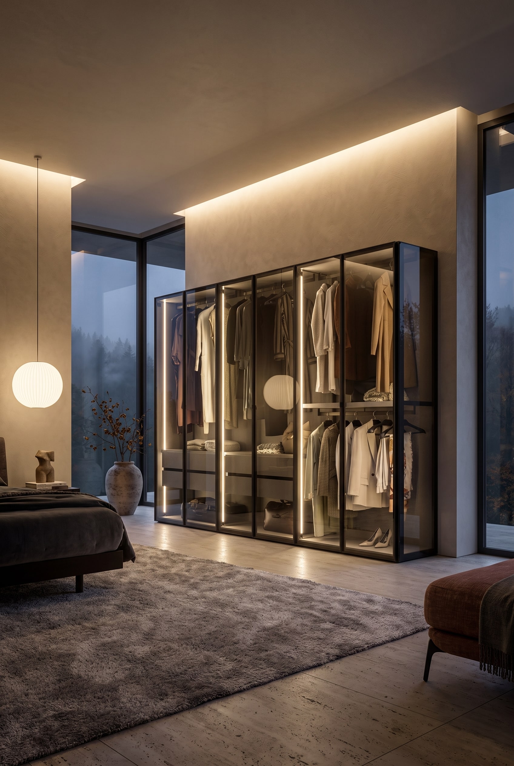Detailaufnahme im Kleiderschrank mit massivem Holzeinlegeboden und warmwei&szlig;er indirekter Beleuchtung auf Kleidungsst&uuml;cken
