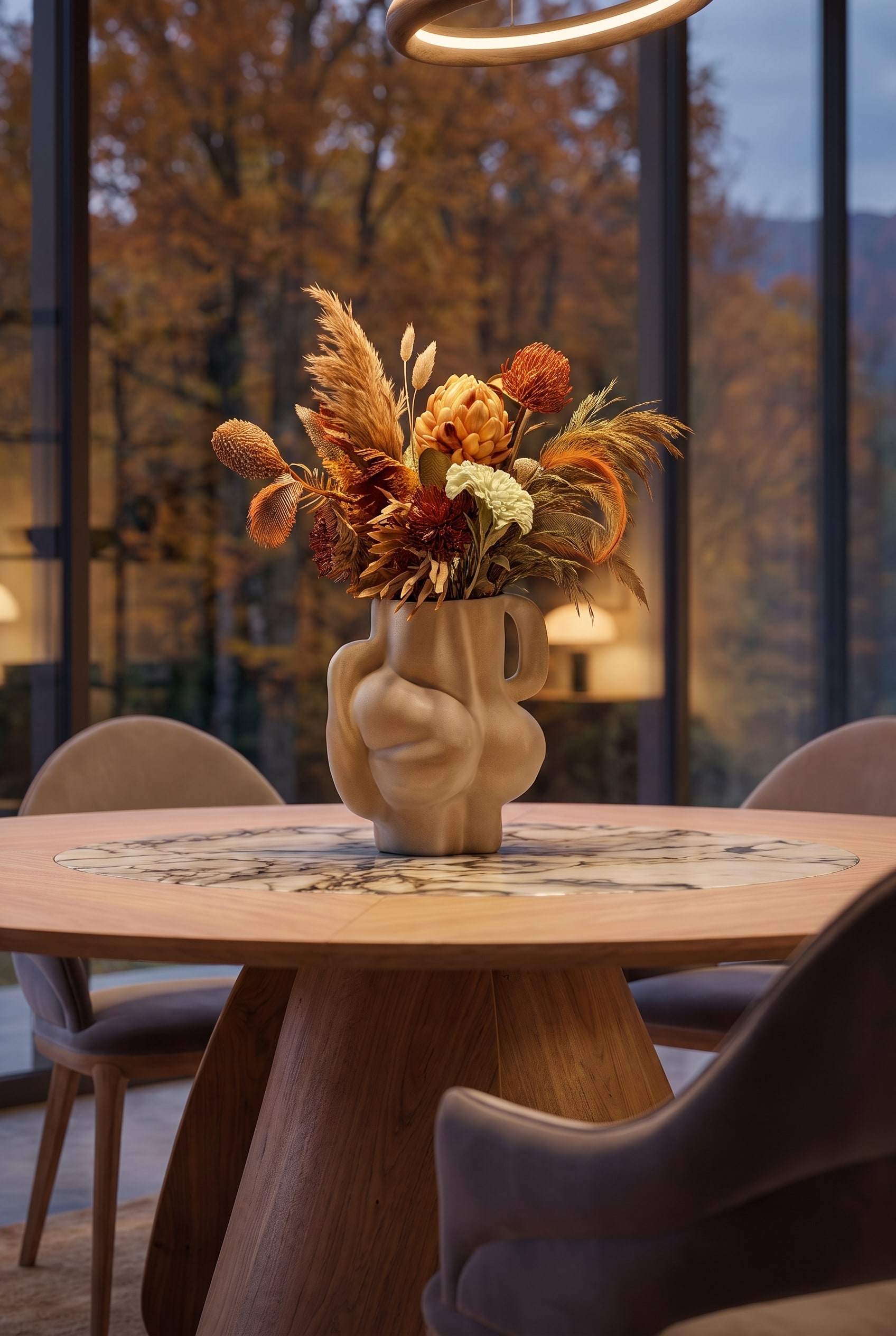 Skulpturale Keramikvase mit herbstlichem Trockenblumenstrauß zentral auf einer hellen Marmortischplatte.