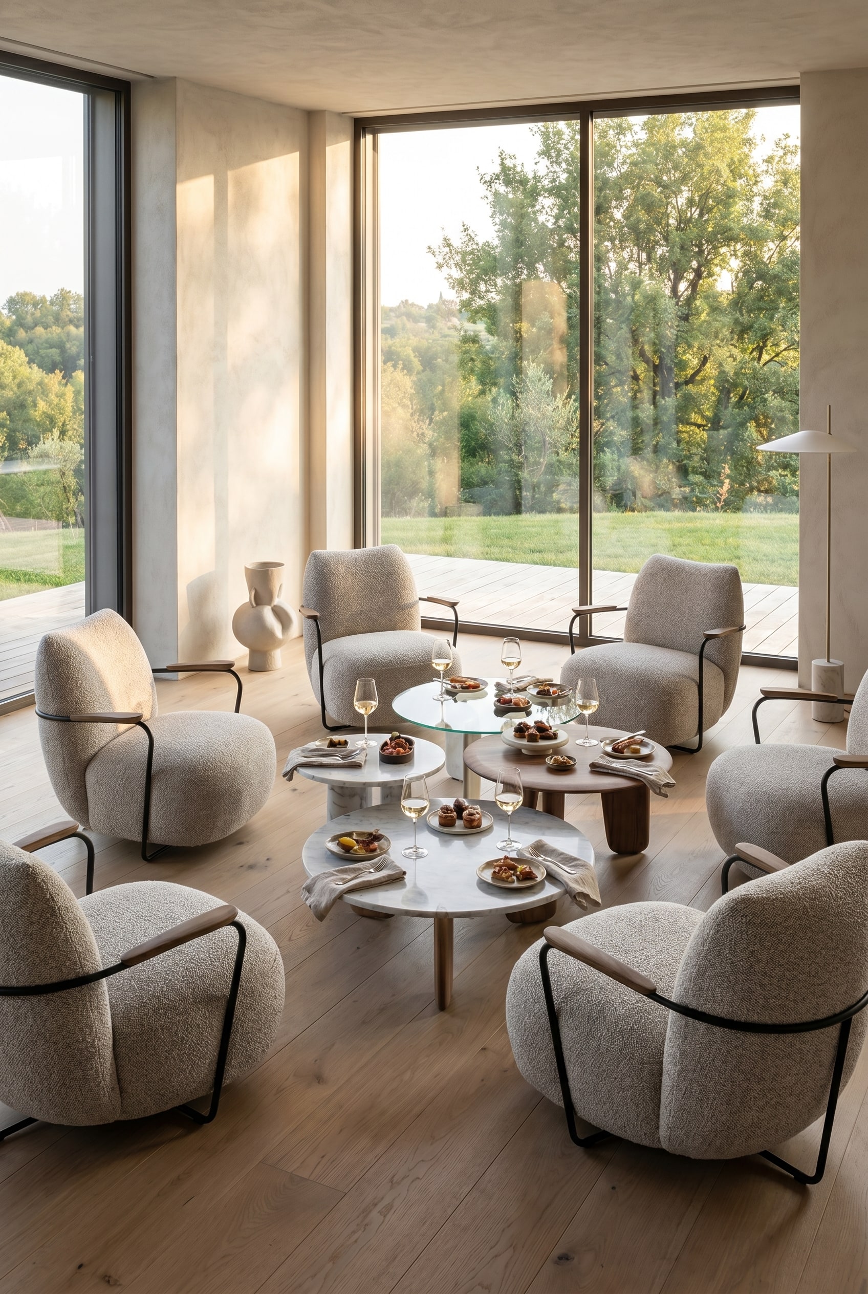 Runder Lounge-Sessel mit strukturiertem Bouclé-Bezug steht gemütlich am Esstisch vor bodentiefen Panoramafenstern