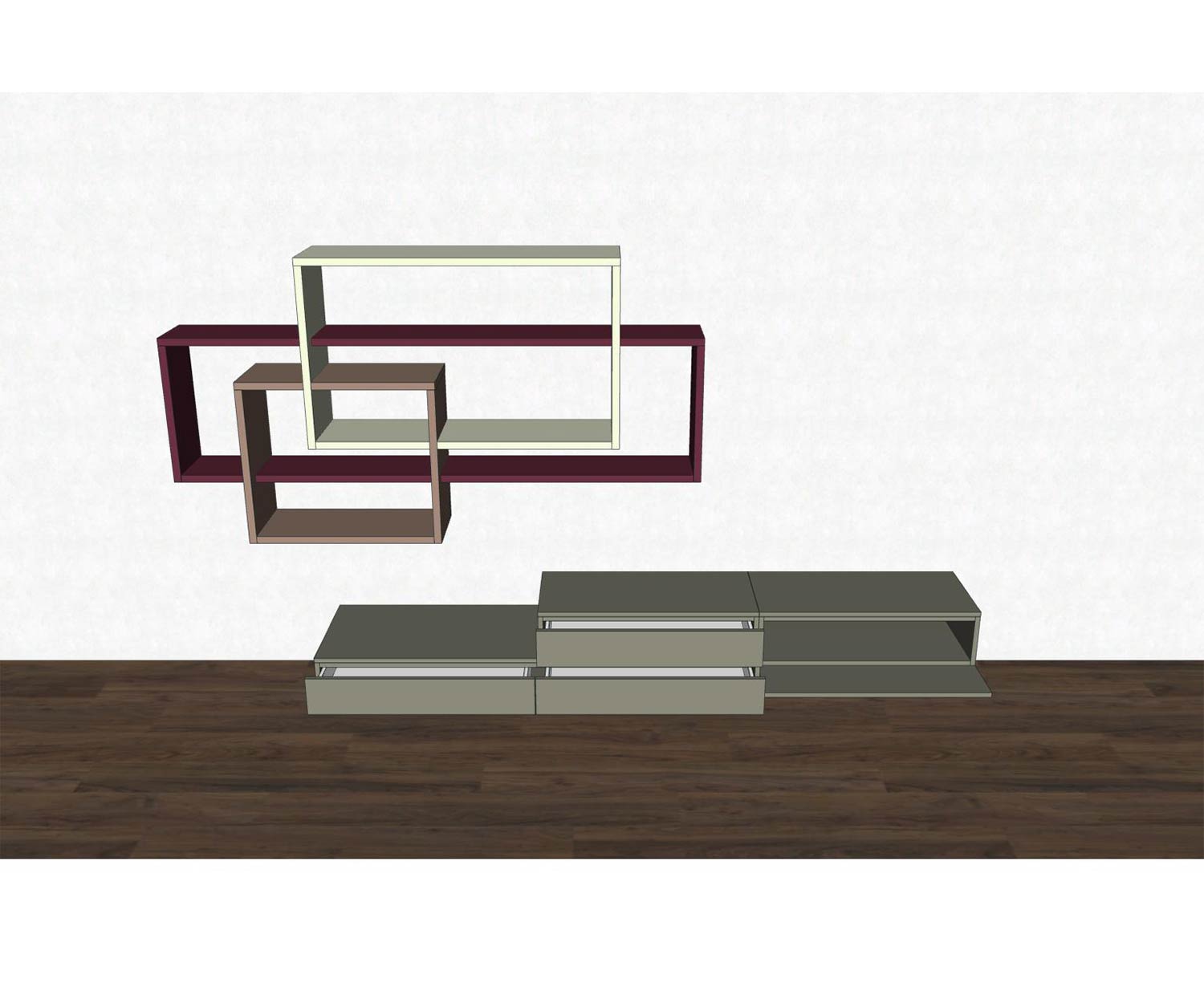 Livitalia Design Wohnwand C59 mit geöffneten Elementen farbig markiert