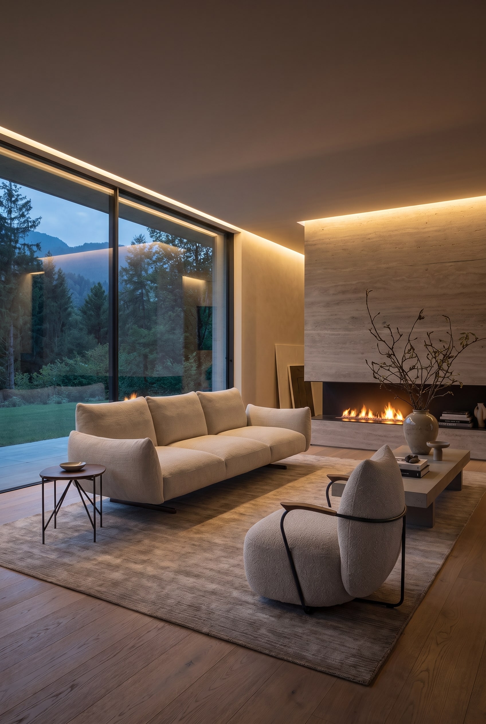 Modernes Wohnzimmer mit gro&szlig;z&uuml;gigem Sofa in abgerundeter Form, hellem Boucl&eacute;-Bezug und einem eleganten Sessel vor gro&szlig;en Fensterfronten