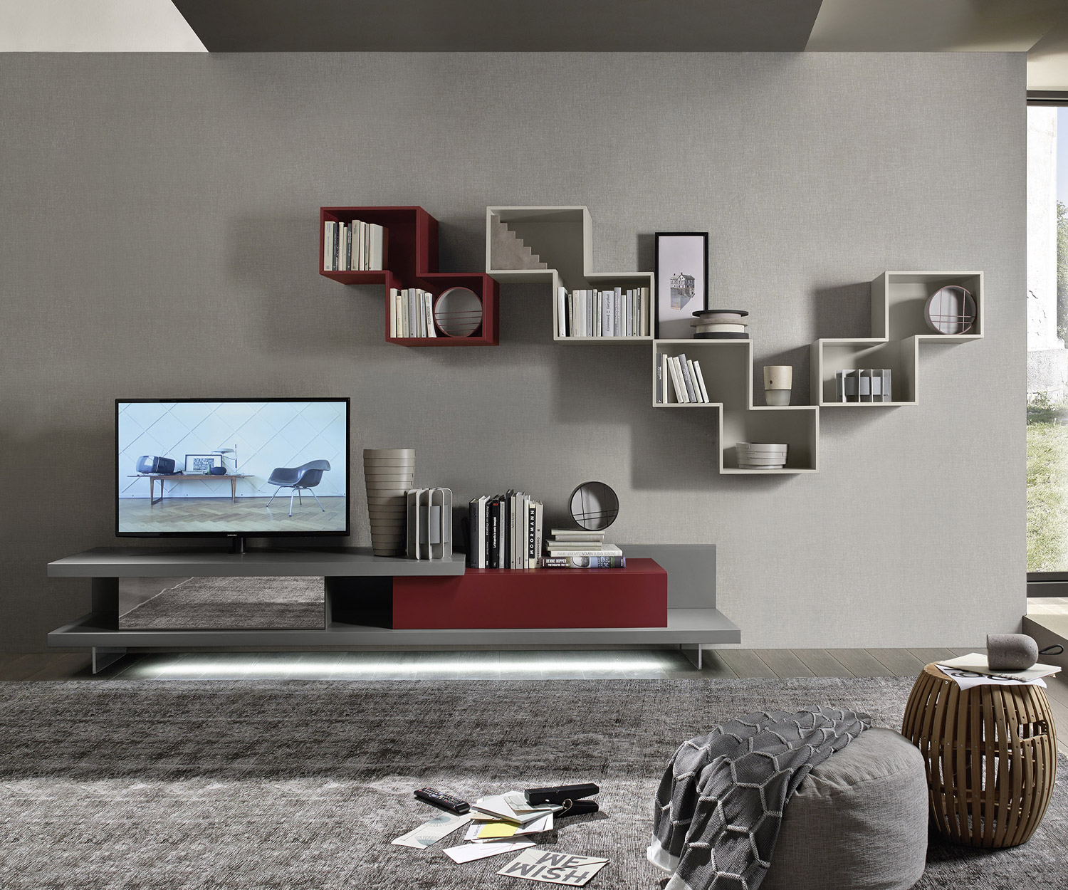 Tetris Designer Regal Module als großes Wandregal über einem Design Lowboard Tetris Designer Regal Module als großes Wandregal über einem Design Lowboard