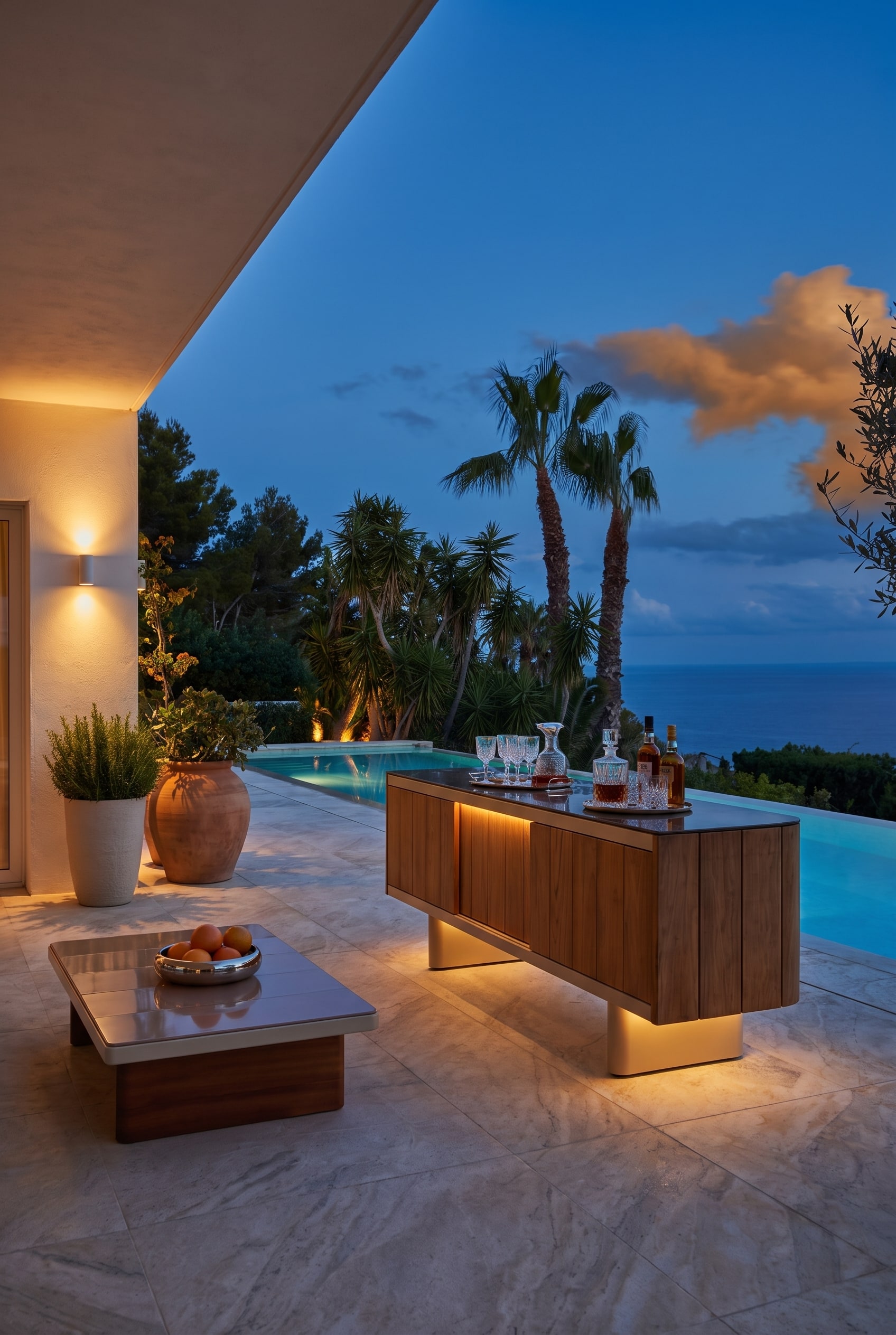 Naturstein-Terrasse in der D&auml;mmerung mit einem edlen Outdoor-Sideboard aus Teakholz, arrangiert als stilvolle Hausbar mit Gl&auml;sern