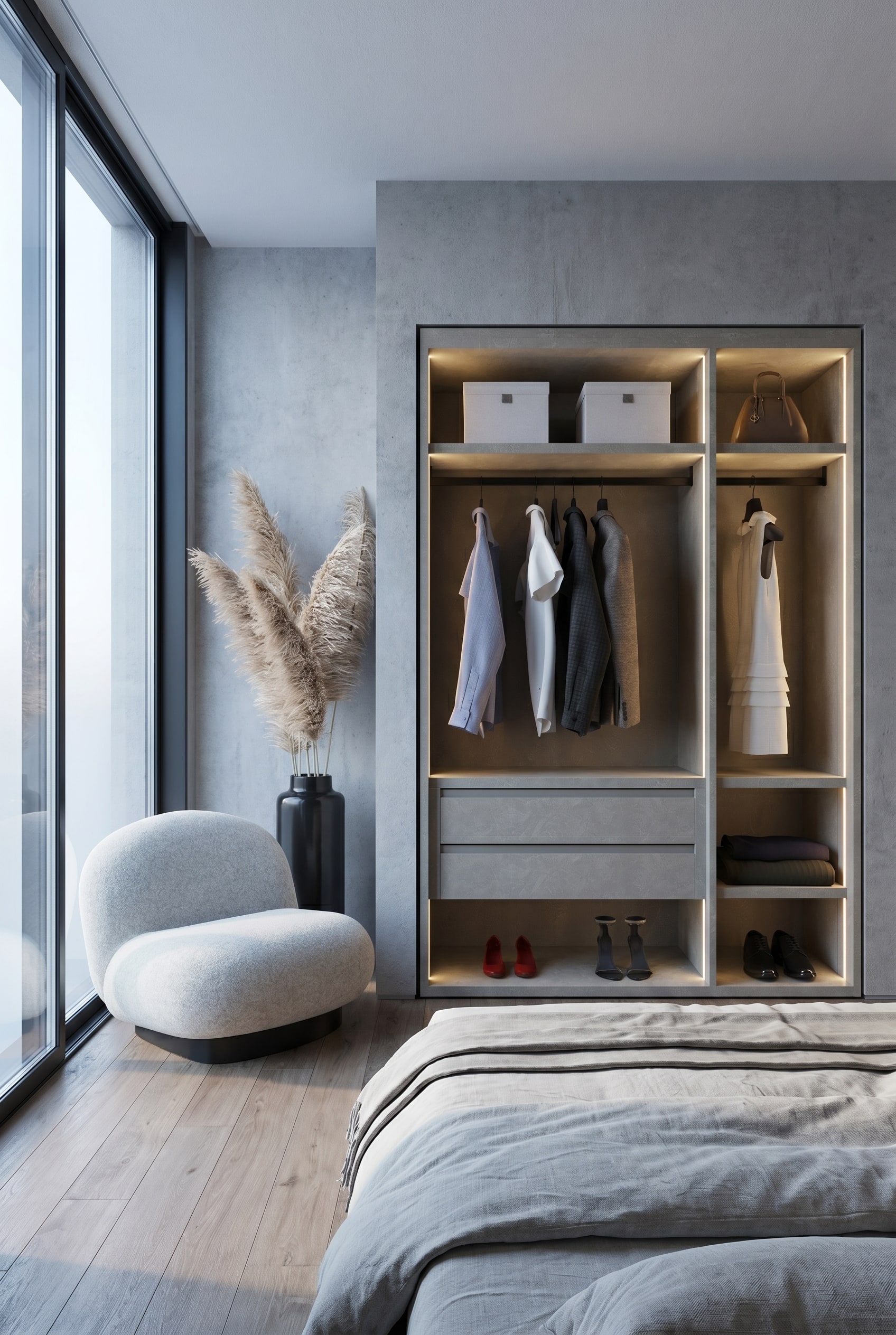 Modernes Schlafzimmer mit bodentiefen Fenstern und einem offenen Kleiderschrank ohne T&uuml;ren in warmem Grauton, belebt durch eine Designer-Keramikvase