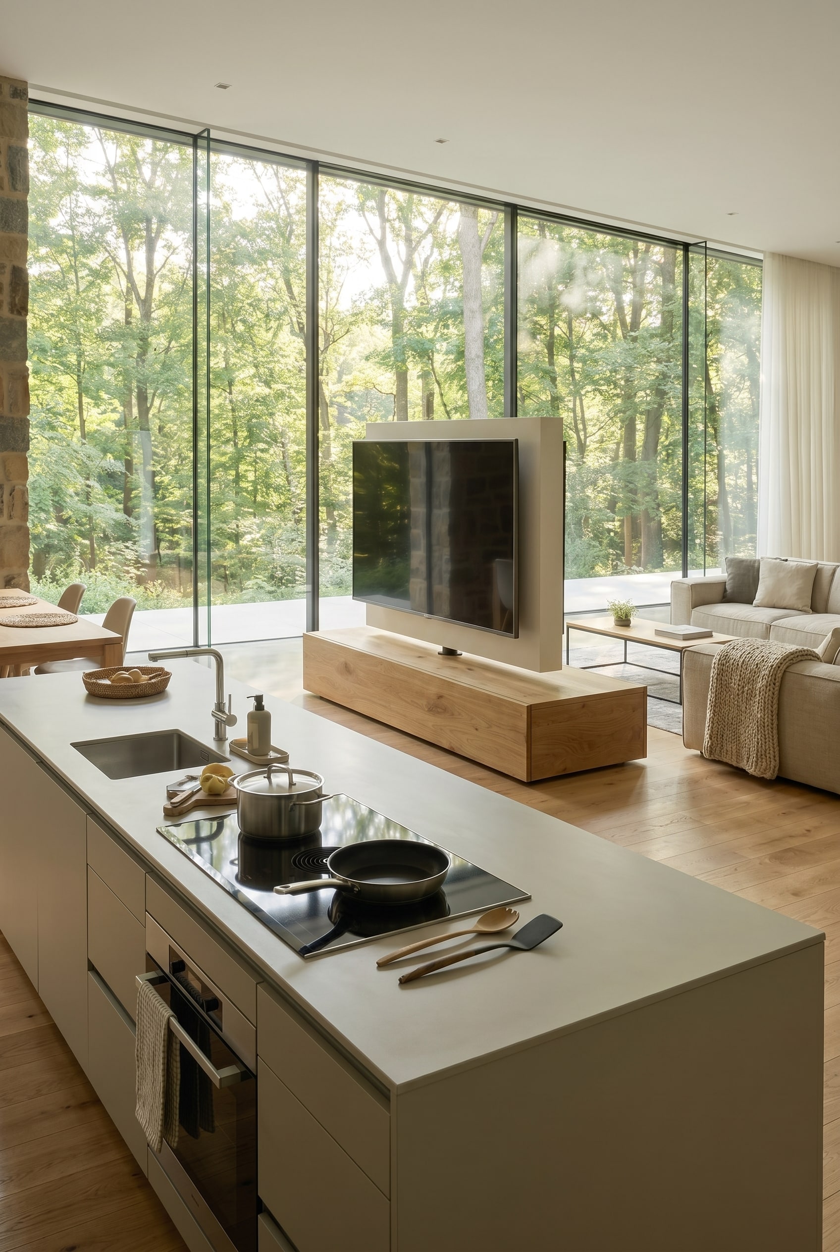 Schwebend wirkendes Möbelstück auf filigranen Füssen auf durchgehendem Holzparkett Schwebend wirkendes Möbelstück auf filigranen Füssen auf durchgehendem Holzparkett