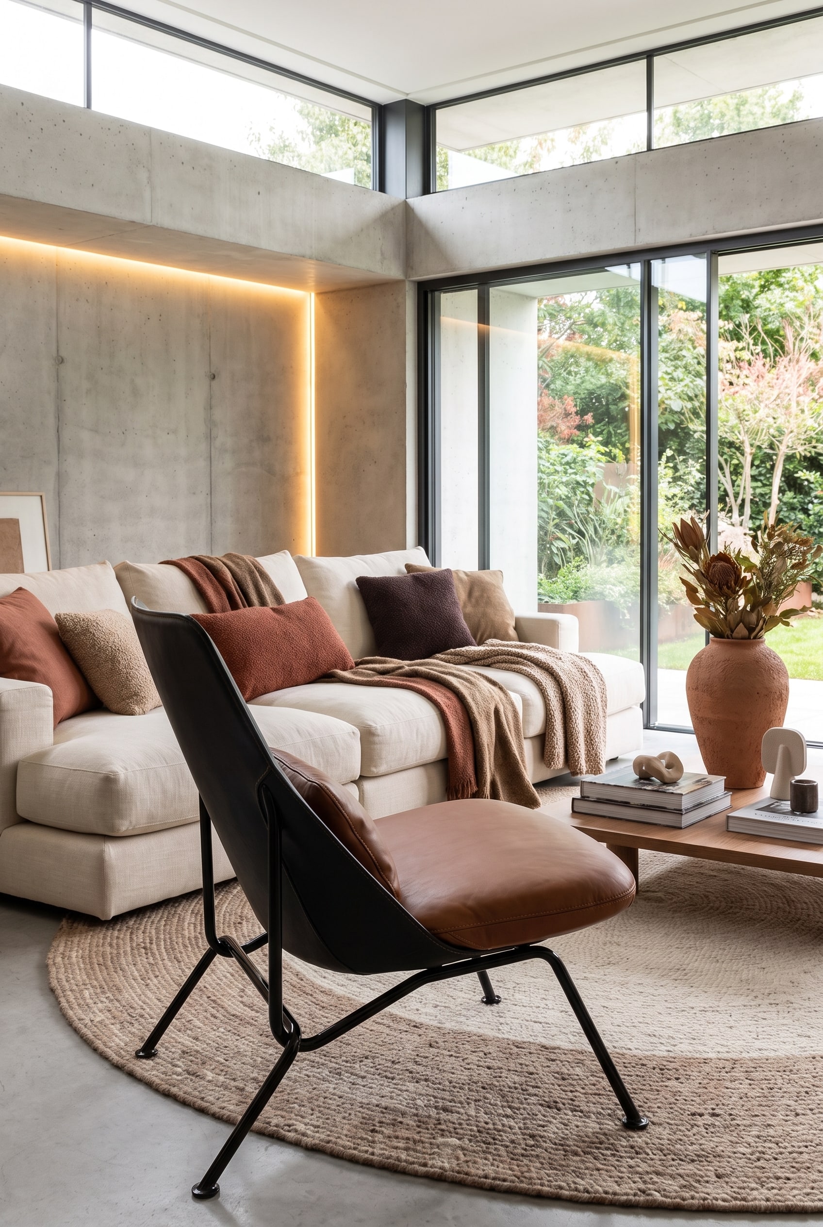 Modernes Wohnzimmer im Layering-Look mit dem Prostoria Sessel Strain als Solit&auml;rm&ouml;bel