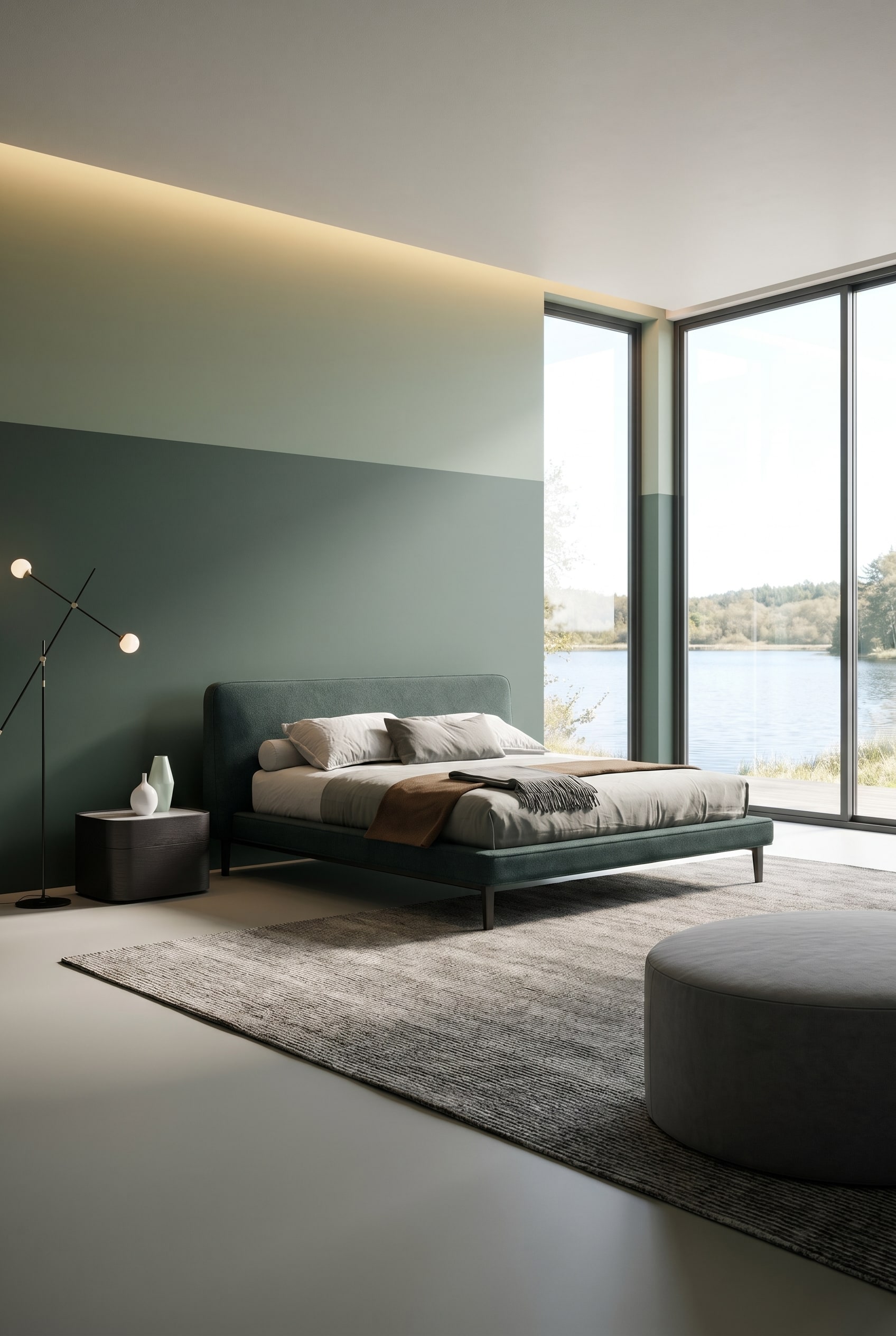 Dunkelgr&uuml;nes Design-Bett vor einer Ton-in-Ton salbeigr&uuml;nen Wand mit minimalistischen Nachttischen