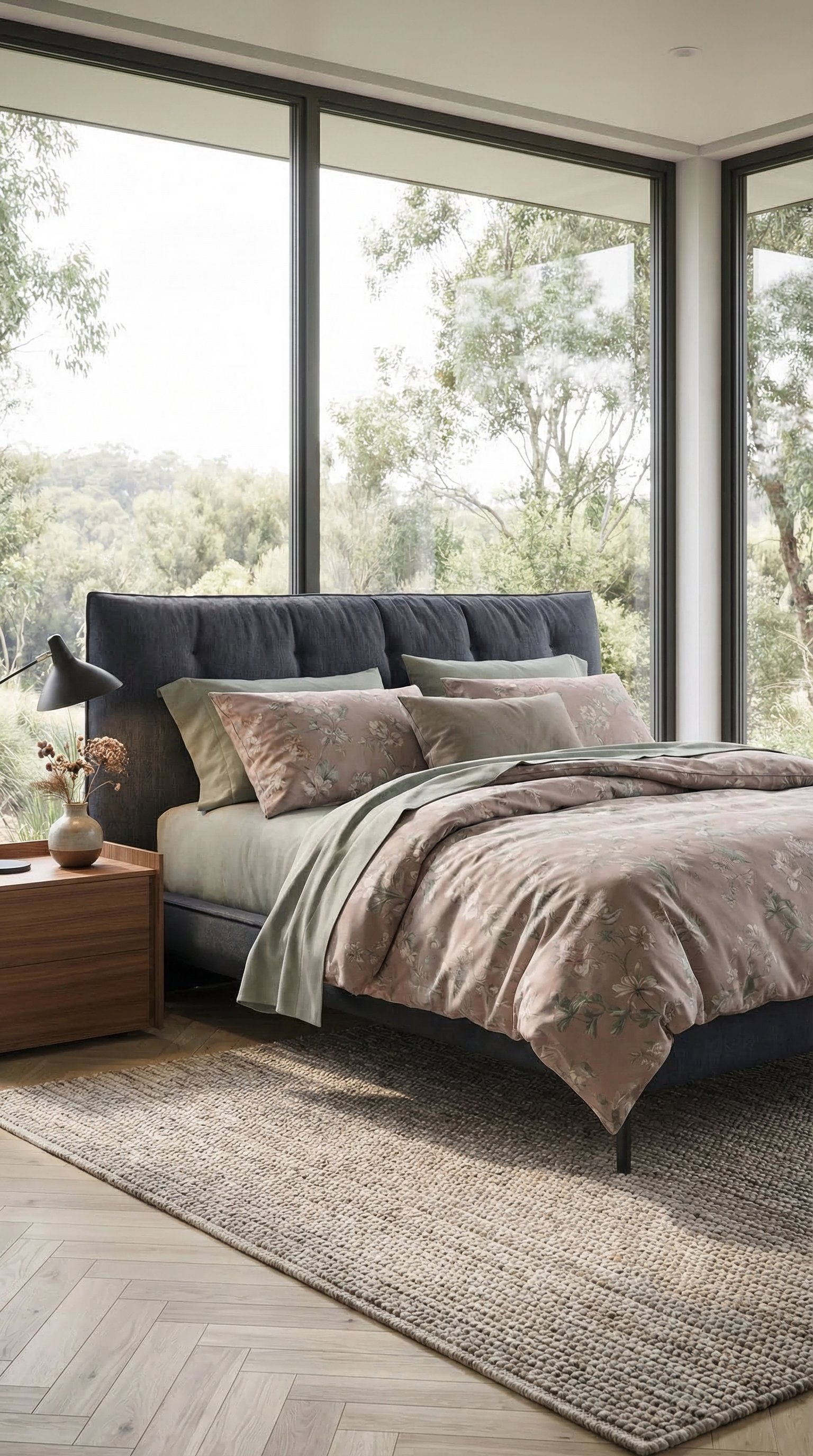 Romantisches modernes Schlafzimmer mit dezent floral gemusterter Bettwäsche Romantisches modernes Schlafzimmer mit dezent floral gemusterter Bettwäsche