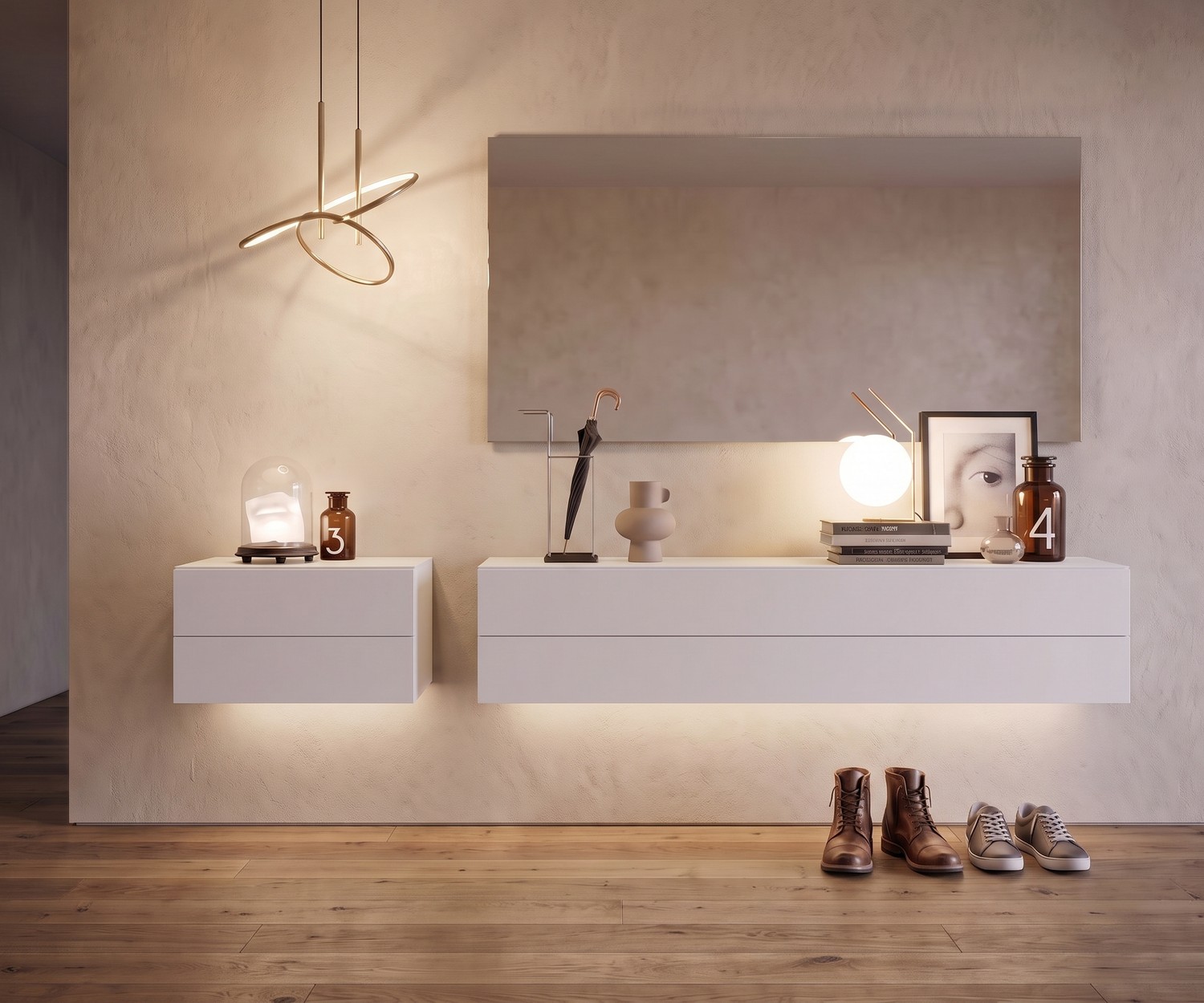 Novamobili Hängekommode Easy für den Flur, schwebendes Sideboard in Weiß mit LED-Beleuchtung im modernen Eingangsbereich.