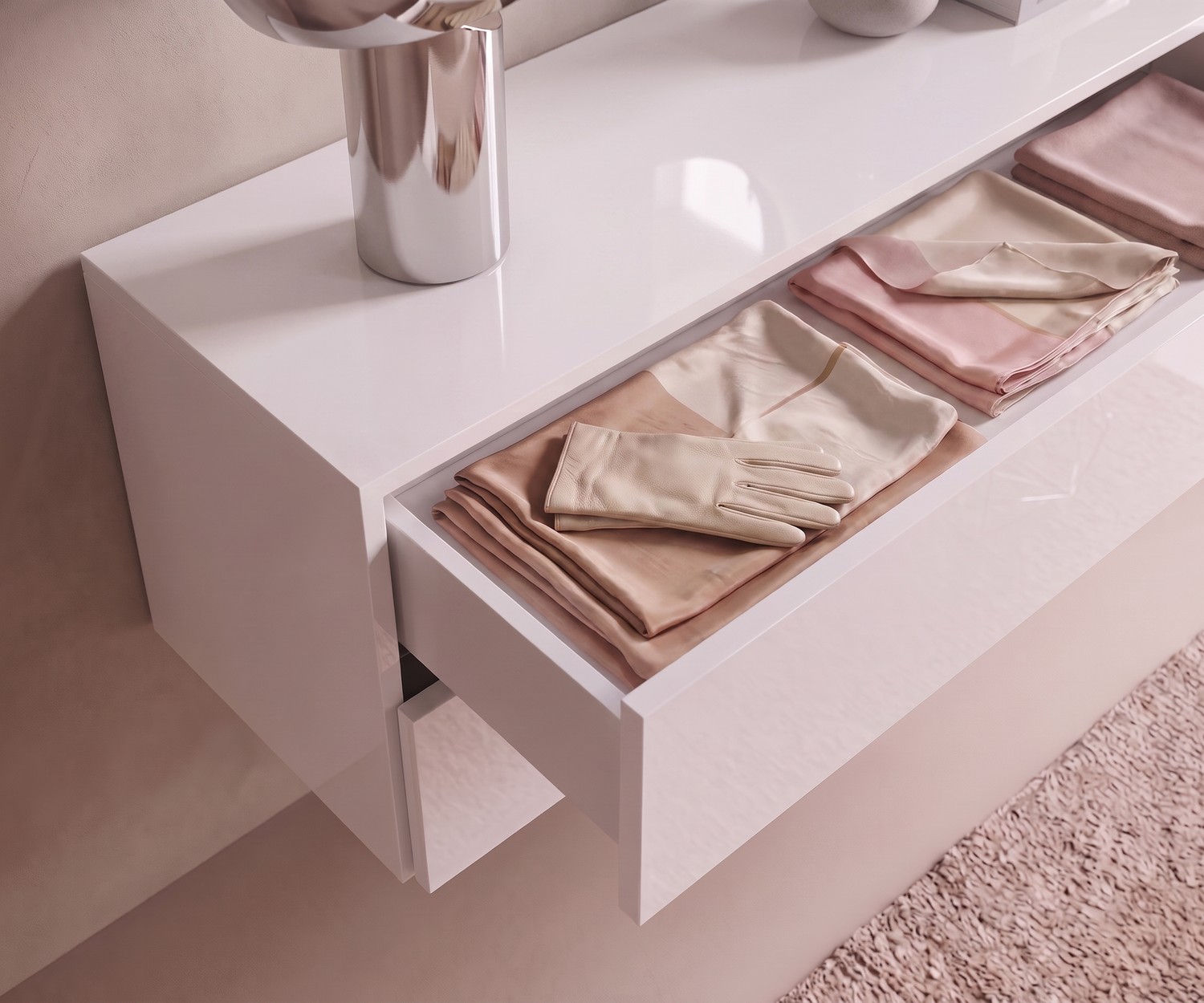 Hängekommode Novamobili Easy für das Schlafzimmer in Hochglanz Weiß im modernen Design mit geöffneter Schublade.