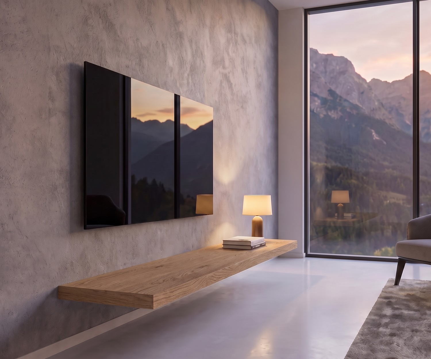 Schwebendes Livitalia TV Wandboard aus Eiche Livitalia TV Wandboard aus Eiche als schwebendes Lowboard im Wohnzimmer im minimalistischen Design vor Betonoptik-Wand.