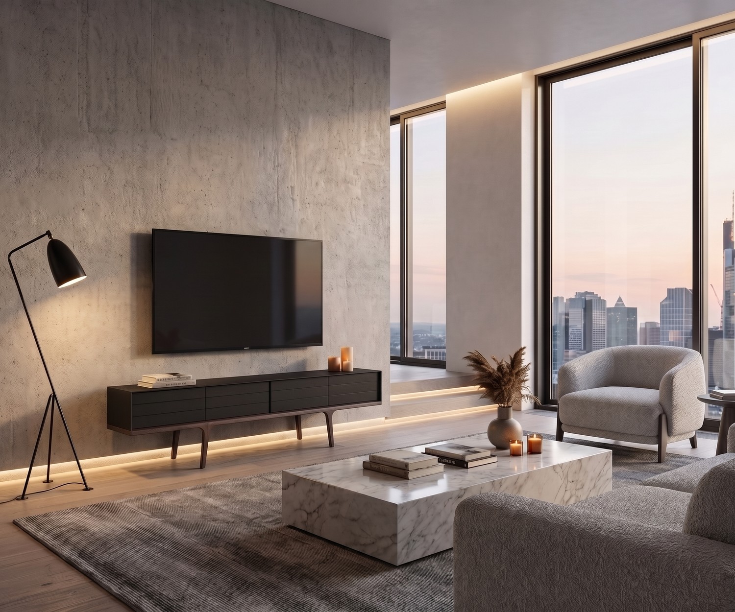 Modernes al2 Mobius 004 TV-Lowboard aus Holz al2 Mobius 004 TV-Lowboard im Wohnzimmer unter Fernseher, dunkles Design mit Holzbeinen vor grauer Betonwand.