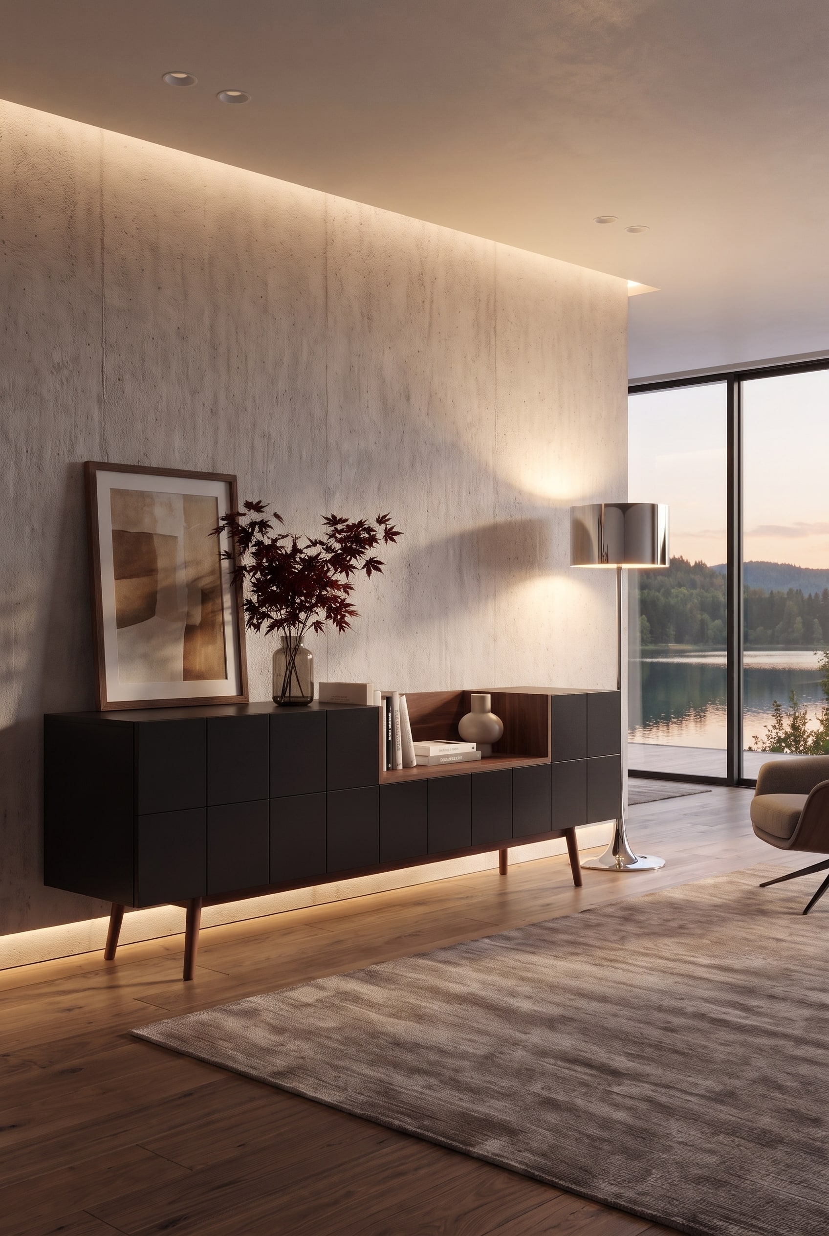 Dunkles modernes Sideboard vor Sichtbetonwand in einem Wohnzimmer mit gro&szlig;em Fenster und Seeblick im Sonnenuntergang.