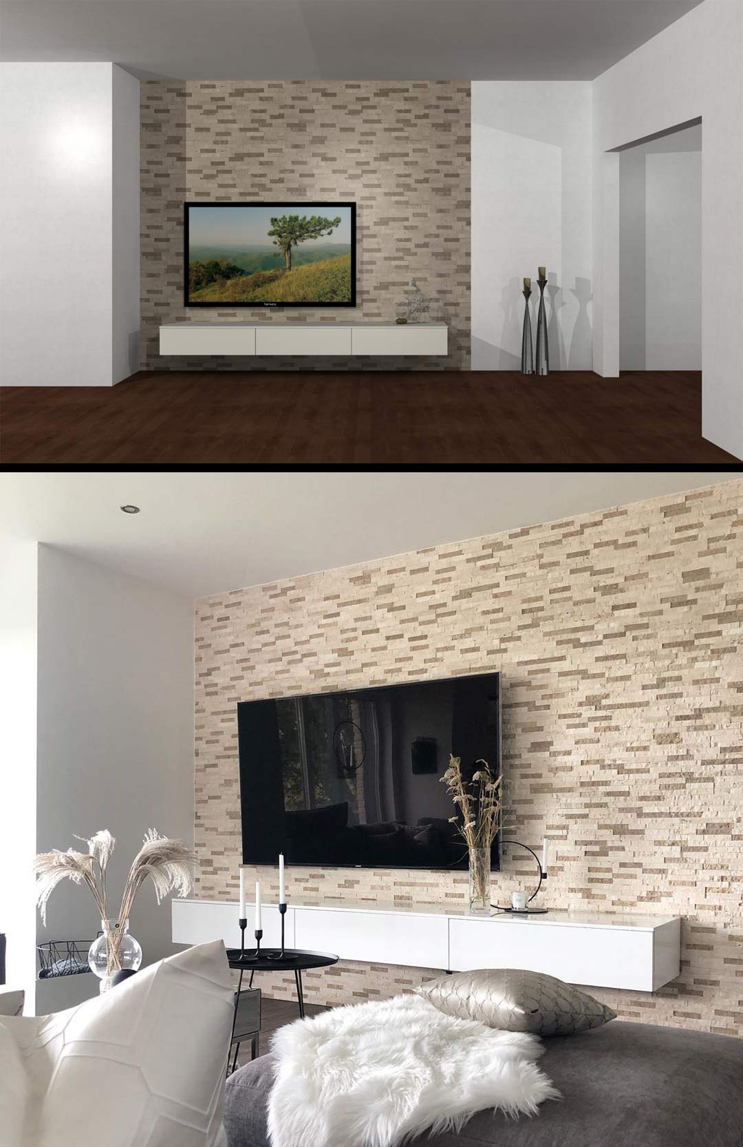 Weißes TV Lowboard an Schieferwand Weißes TV Lowboard an Schieferwand