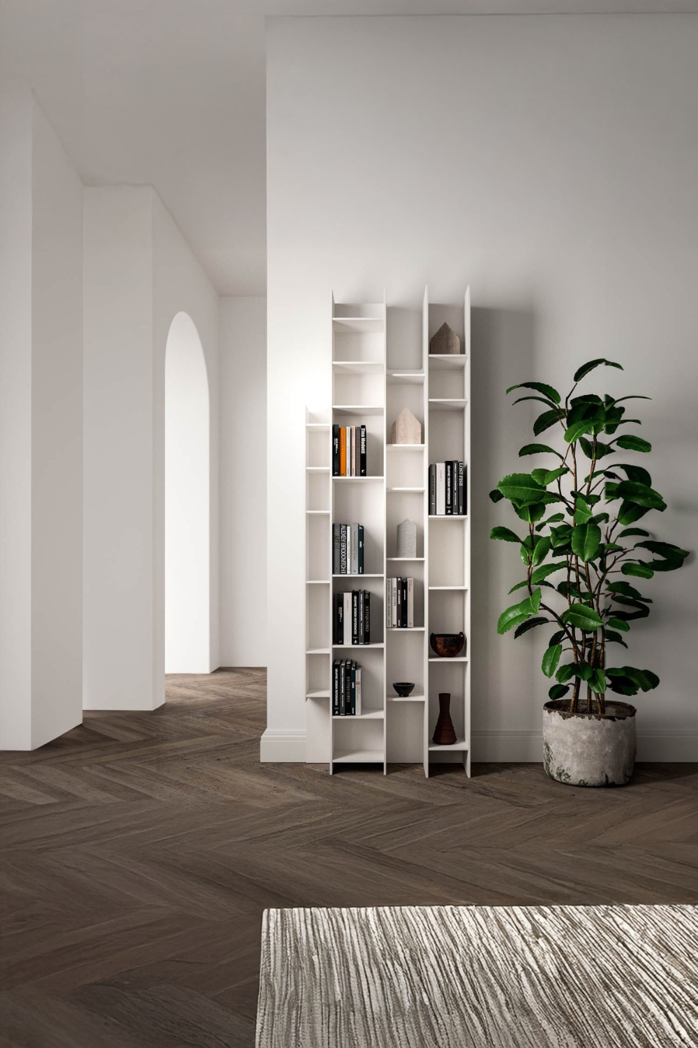 minimalistische-raeumlichkeit-mit-kreativ-designtem-regal-und-grosser-gruener-topfpflanze