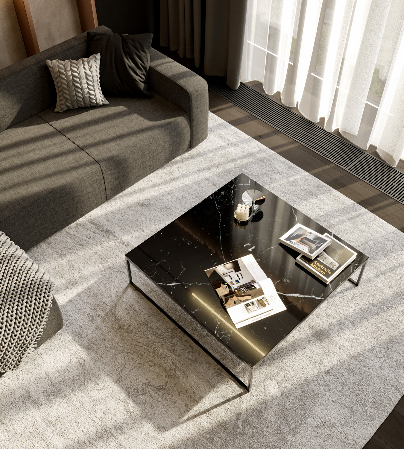 Moderner Marmor Couchtisch quadratisch auf Kufen Moderner Marmor Couchtisch quadratisch auf Kufen