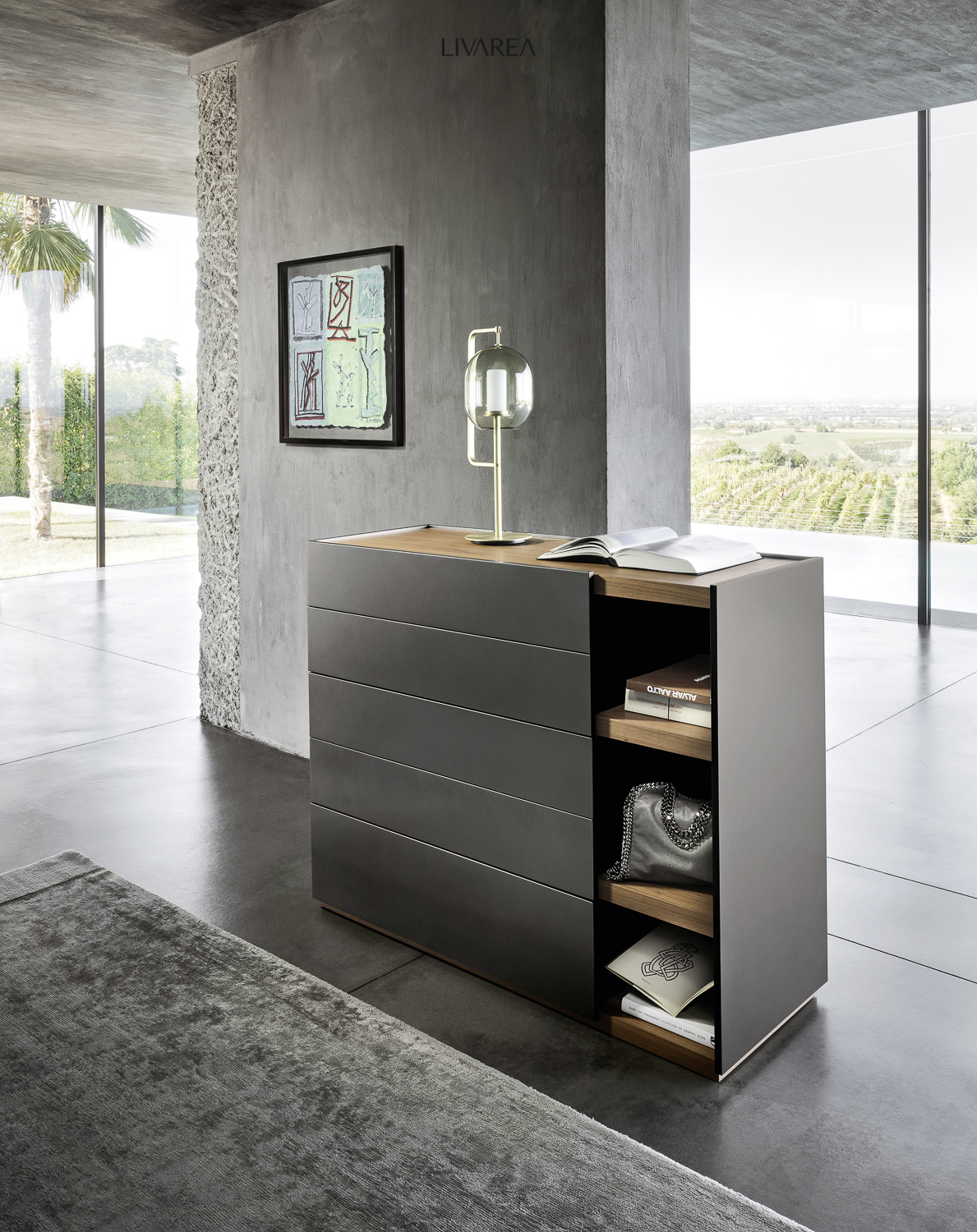 Eleganter Schubladenschrank mit Holz Abdeckplatte und drei offenen Fächern Eleganter Schubladenschrank mit Holz Abdeckplatte und drei offenen Fächern