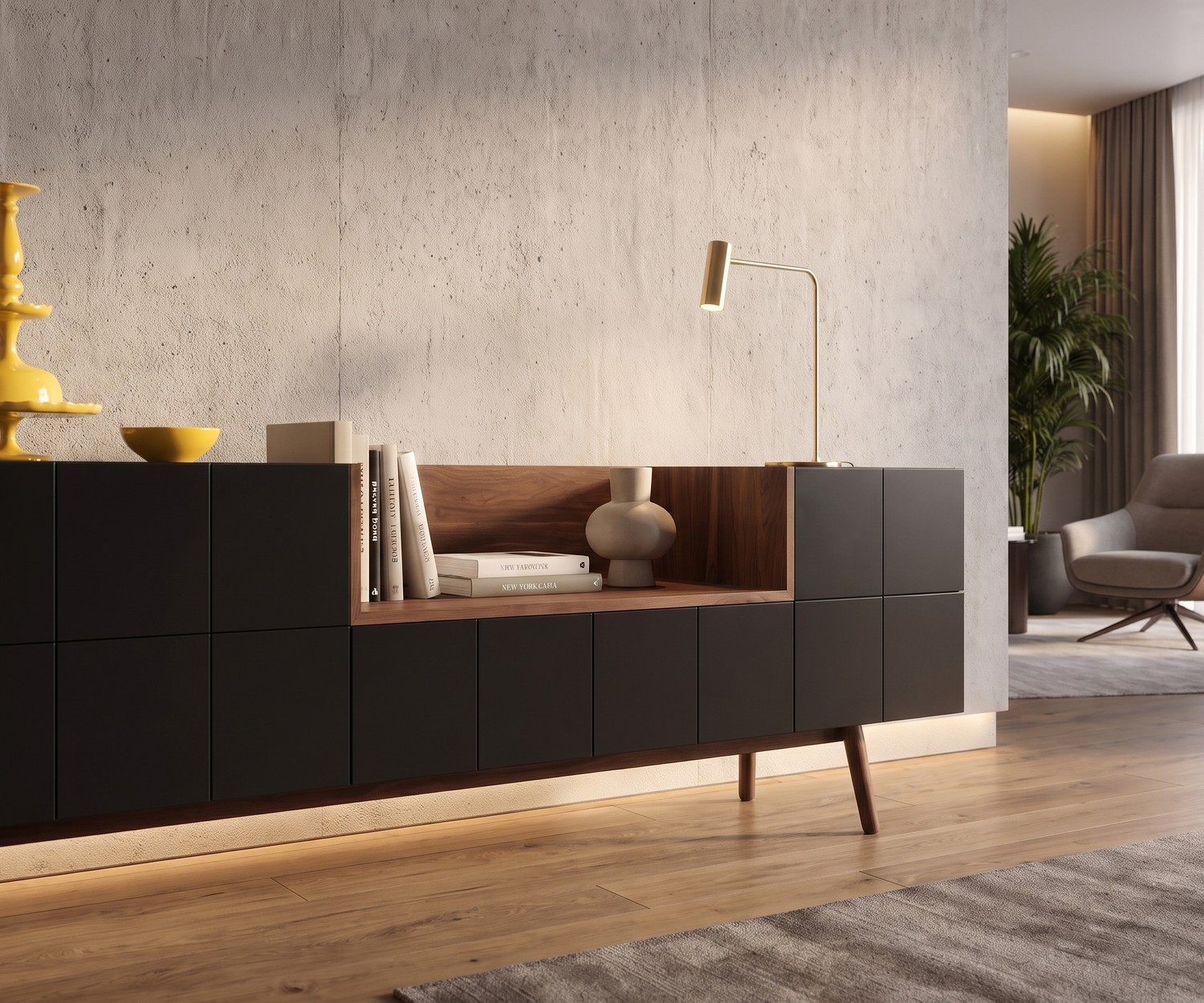 al2 Design Sideboard MOS-I-KO 003 A mit Holz-Nische al2 Sideboard MOS-I-KO 003 A im Wohnzimmer aus mattschwarzem Lack und Holz im modernen Retro-Stil mit viel Stauraum.