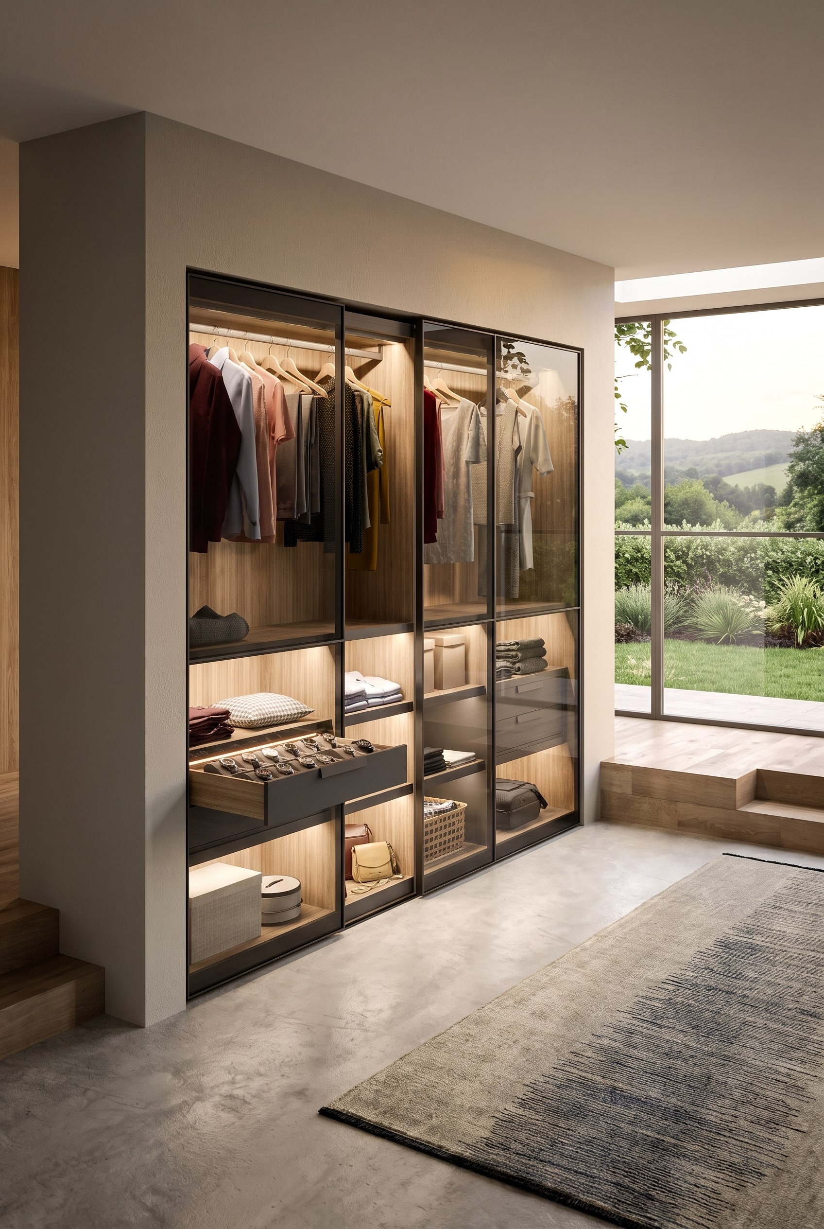 Ein raumhoher Einbauschrank. Im Inneren befindet sich auf mittlerer Höhe eine sanft gleitende Innenschublade mit Rauchglasfront, in der eine Uhrensammlung staubfrei aufbewahrt wird.