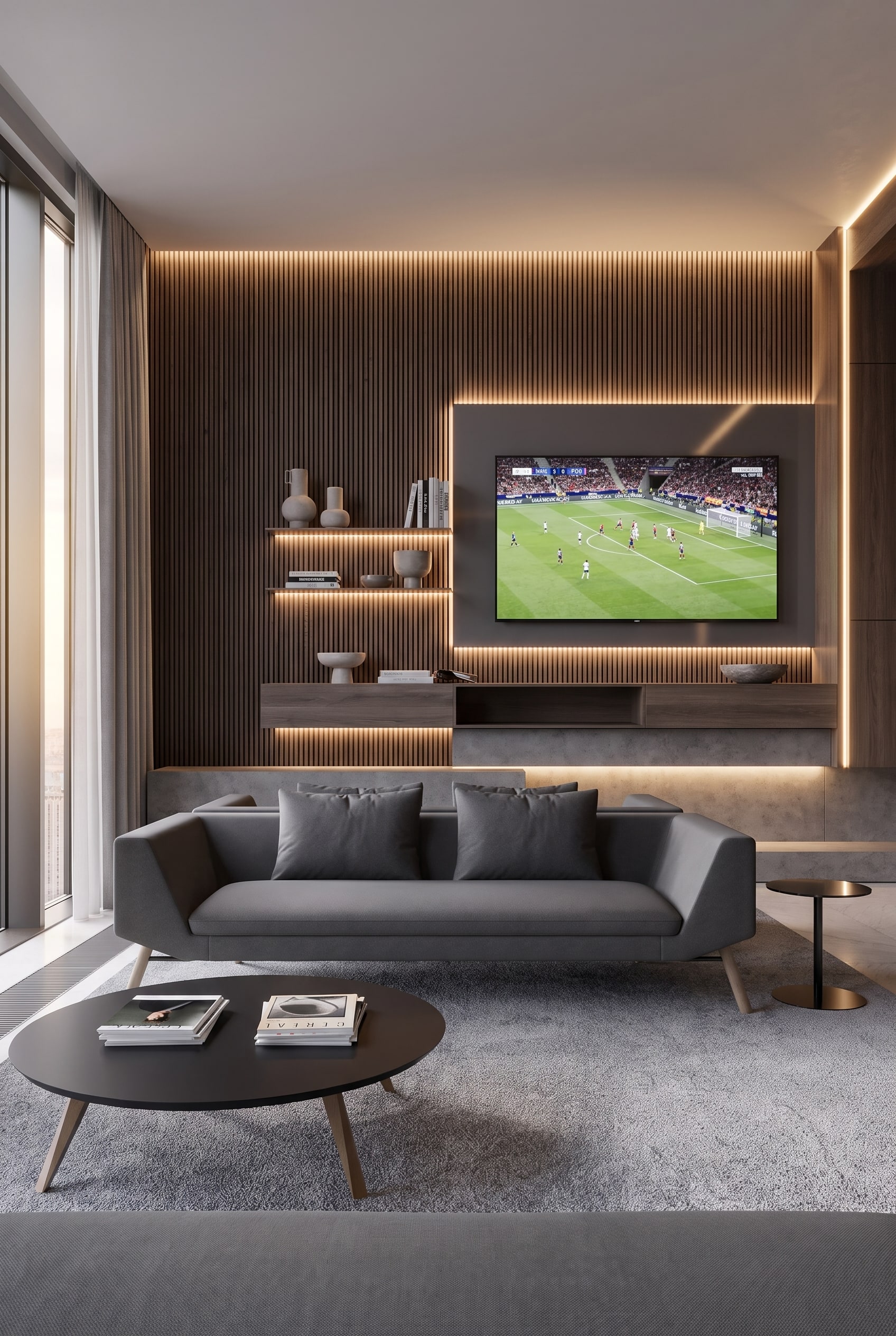 Ein ger&auml;umiges, modernes Wohnzimmer mit dem Prostoria Sofa Classic als gro&szlig;e, gem&uuml;tliche Heimtrib&uuml;ne vor einem gro&szlig;en Bildschirm.
