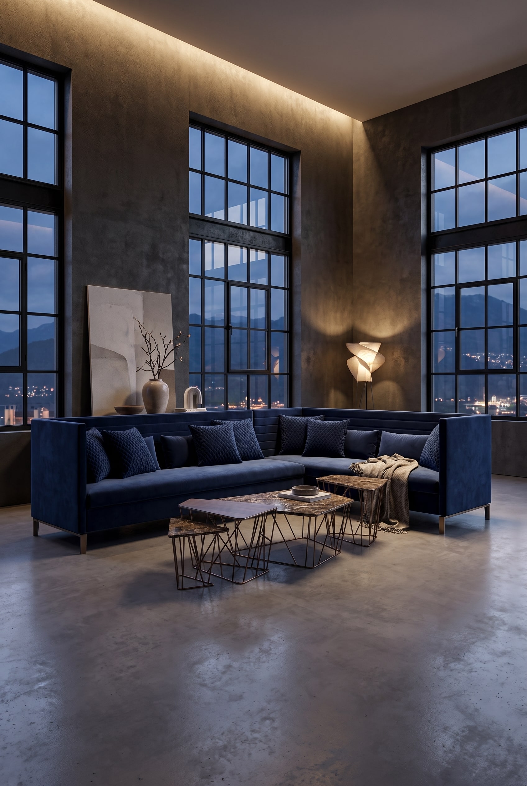 Minimalistisches Loft mit tiefblauem Samtsofa mit gesteppter Rückenlehne, umgeben von viel freiem Raum