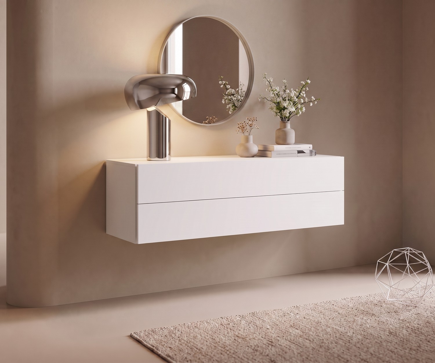Novamobili Easy Hängekommode mit 2 Schubladen Novamobili Easy Hängekommode mit 2 Schubladen im Flur unter einem runden Spiegel mit moderner Tischlampe und Deko.