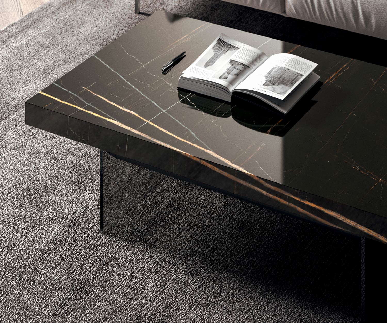 Detail Tischplatte Schwarz glänzend Marmor Glas vom Ozzio Couchtisch Bellagio Detail Tischplatte Schwarz glänzend Marmor Glas vom Ozzio Couchtisch Bellagio