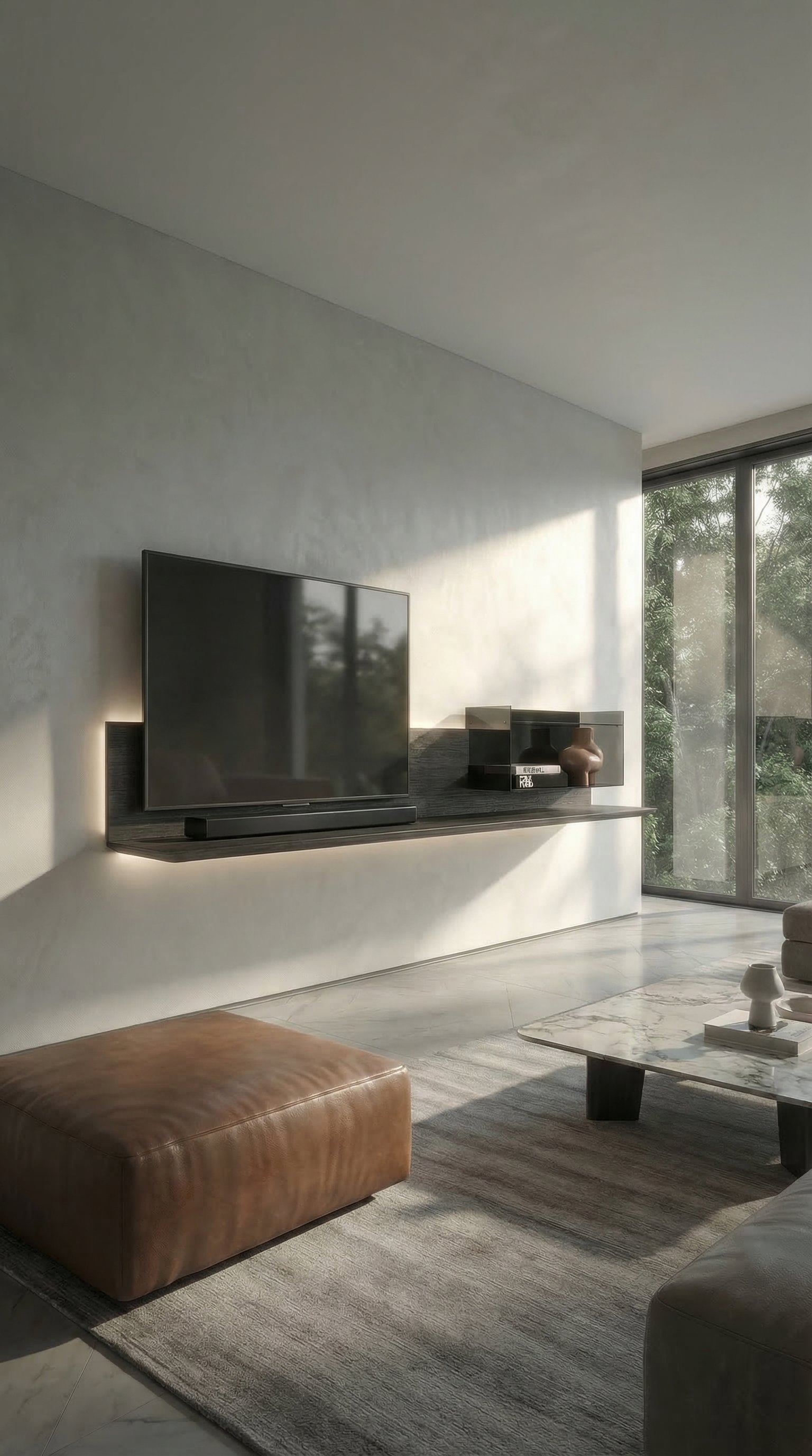 Ein schwebendes, dunkles TV-Wandboard aus Eiche Carbone in einem hellen, modernen Wohnzimmer mit großen Fensterfronten. Ein schwebendes, dunkles TV-Wandboard aus Eiche Carbone in einem hellen, modernen Wohnzimmer mit großen Fensterfronten.