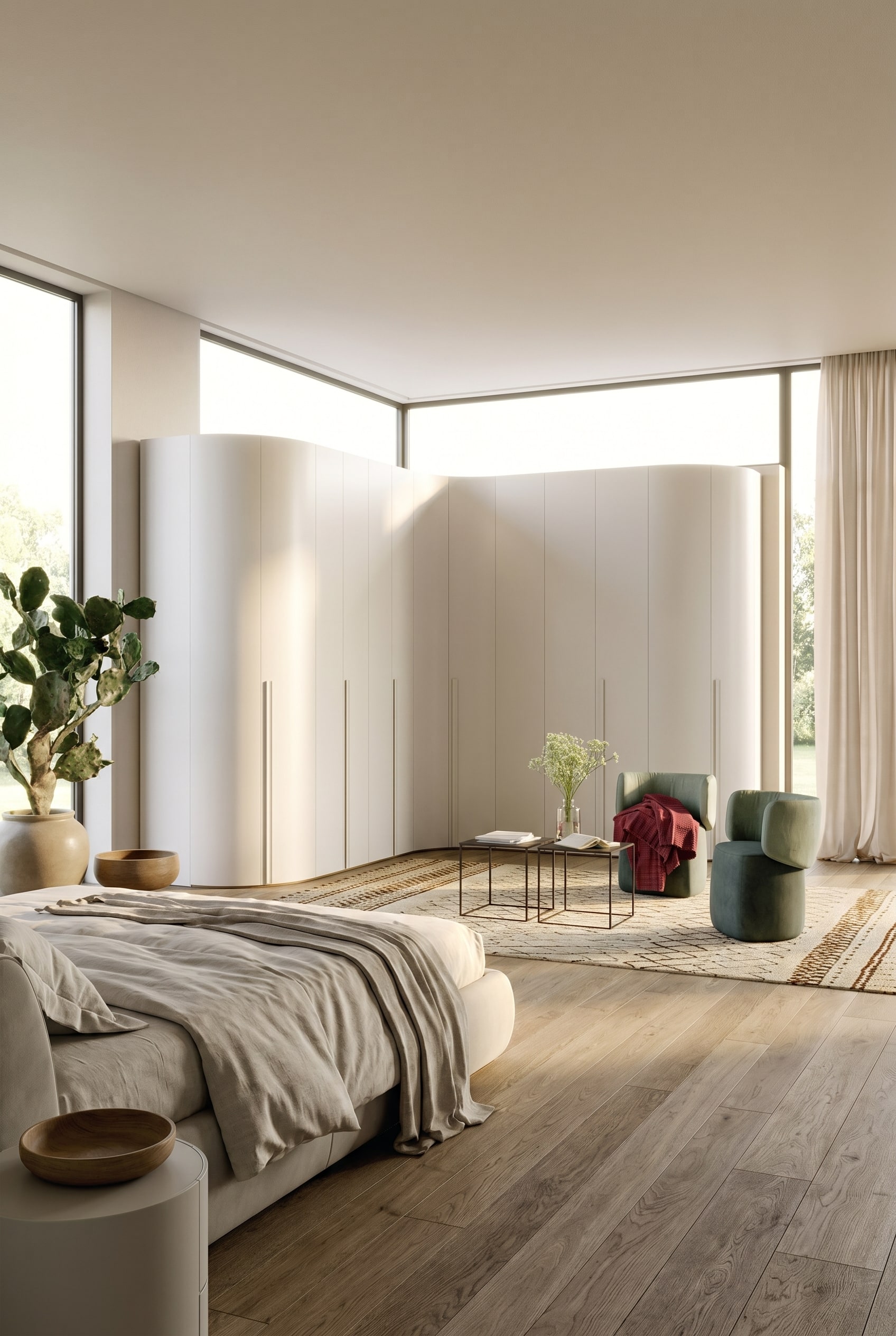 Eckkleiderschrank mit abgerundeten Kanten im organischen modernen Schlafzimmer Eckkleiderschrank mit abgerundeten Kanten im organischen modernen Schlafzimmer