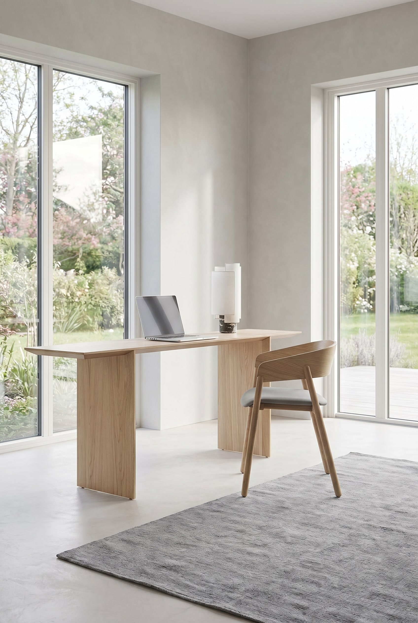 Helles Arbeitszimmer mit Schreibtisch aus heller Eiche und filigranem Holzstuhl mit grauem Sitzpolster