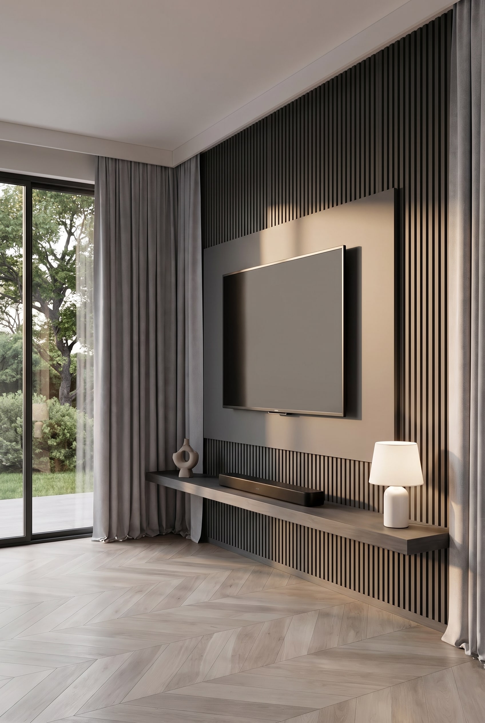 Wohnzimmer mit einem glatten TV-Wandpaneel aus Holz, an dem der Fernseher kabellos montiert ist, mit LED-Hinterleuchtung