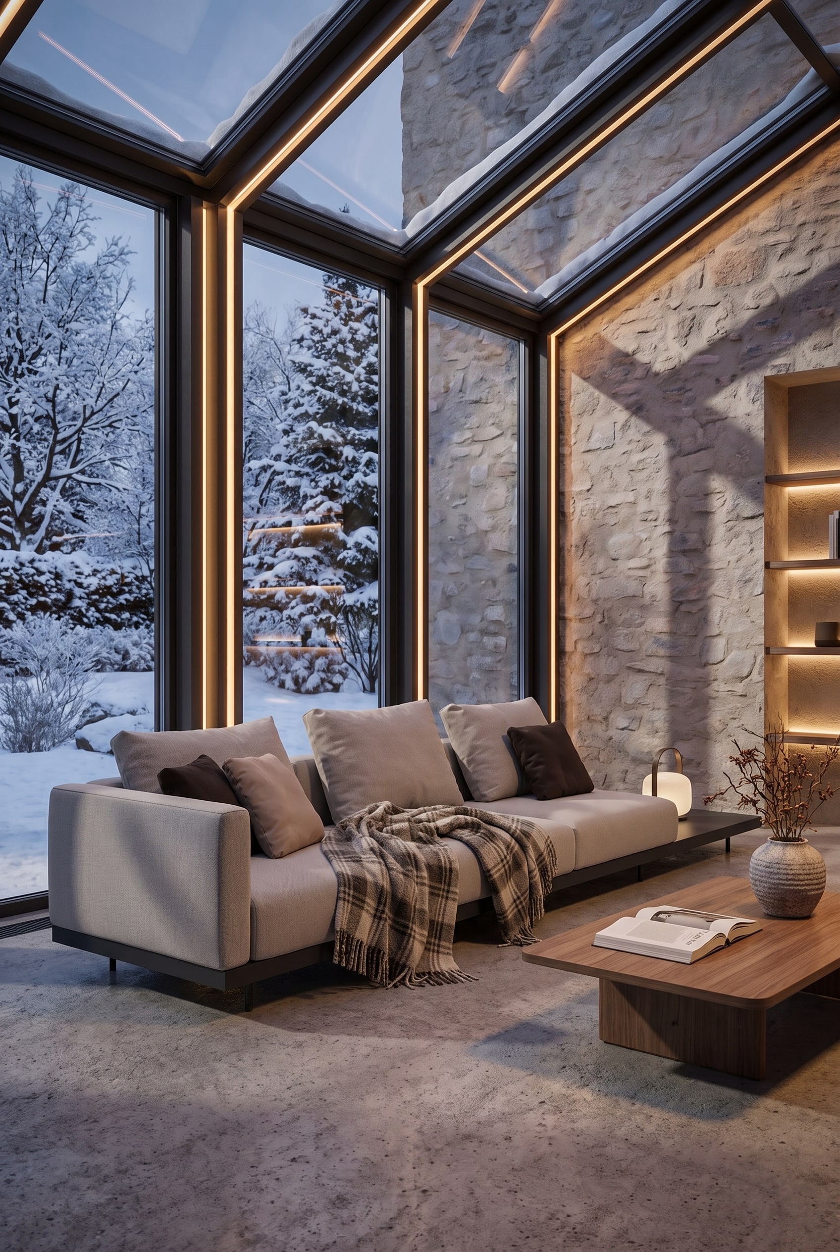 Moderner Wintergarten mit bodentiefen Fenstern, einem ausladenden modularen Outdoor-Sofa in hellem Grau und dunklem Gestell, dekoriert mit edlen Kissen und einem Wollplaid.