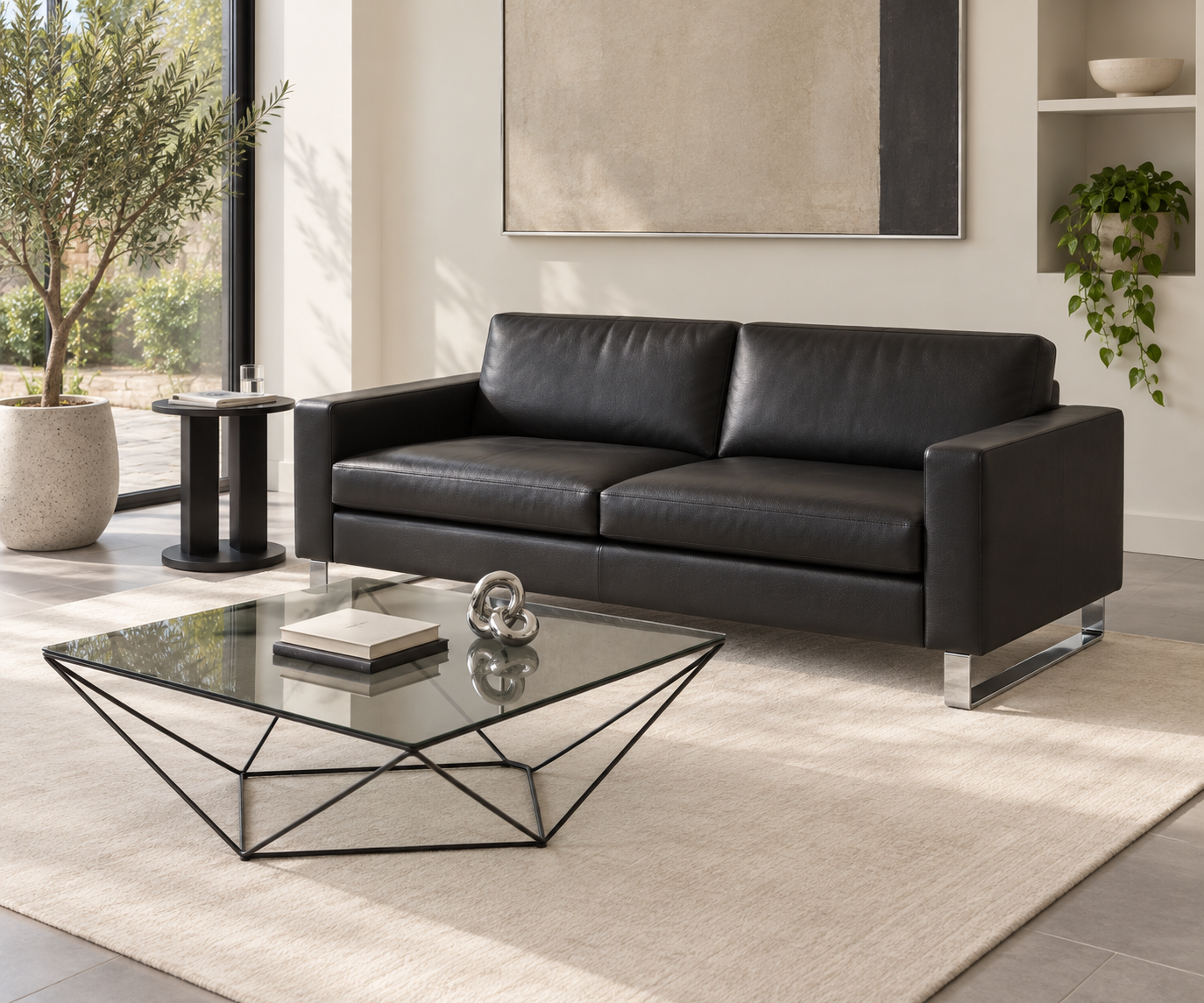 Livitalia Sofa Vinaro, 206 × 91 cm, Seminole 04 Schwarz, Echtleder, Chromkufen – 45°-Ansicht Livitalia Sofa Vinaro, 206 × 91 cm, Seminole 04 Schwarz, Echtleder, Chromkufen – 45°-Ansicht