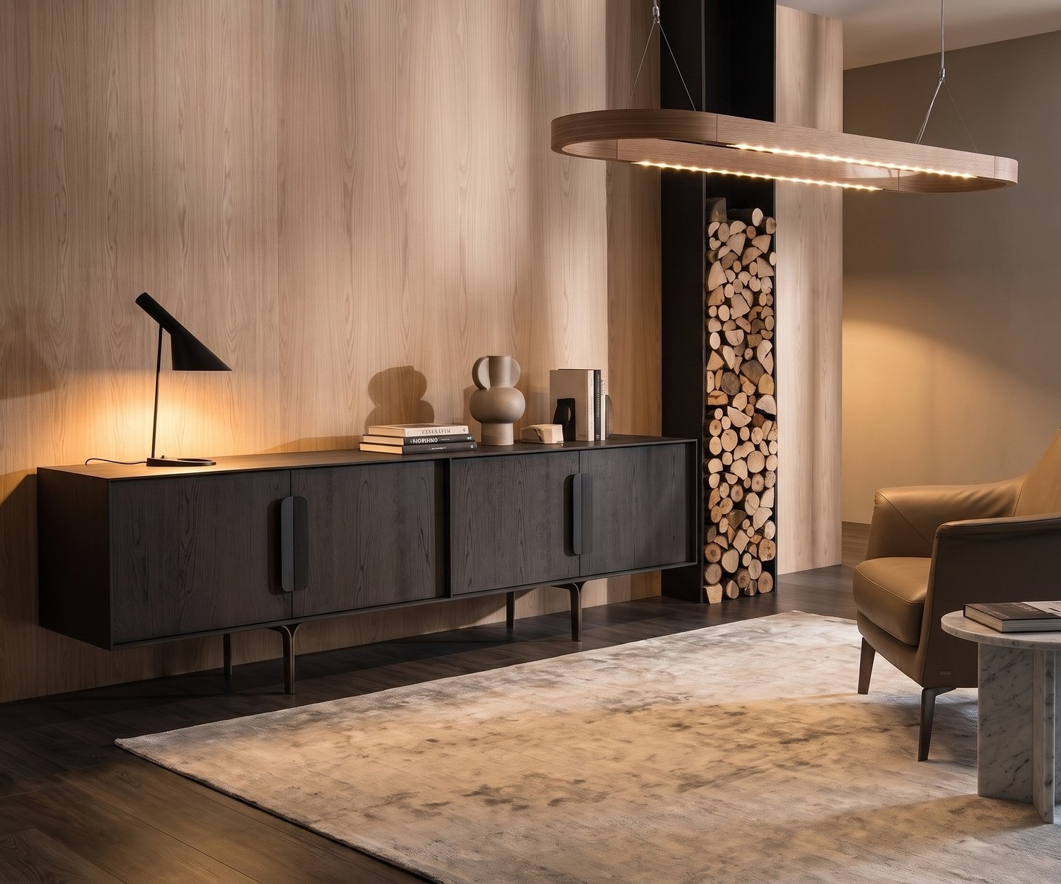 al2 Mobius 003 Design Sideboard in Carbone Eiche al2 Mobius 003 Design Sideboard aus dunkler Eiche für das Wohnzimmer, kombiniert mit gemütlicher Beleuchtung.