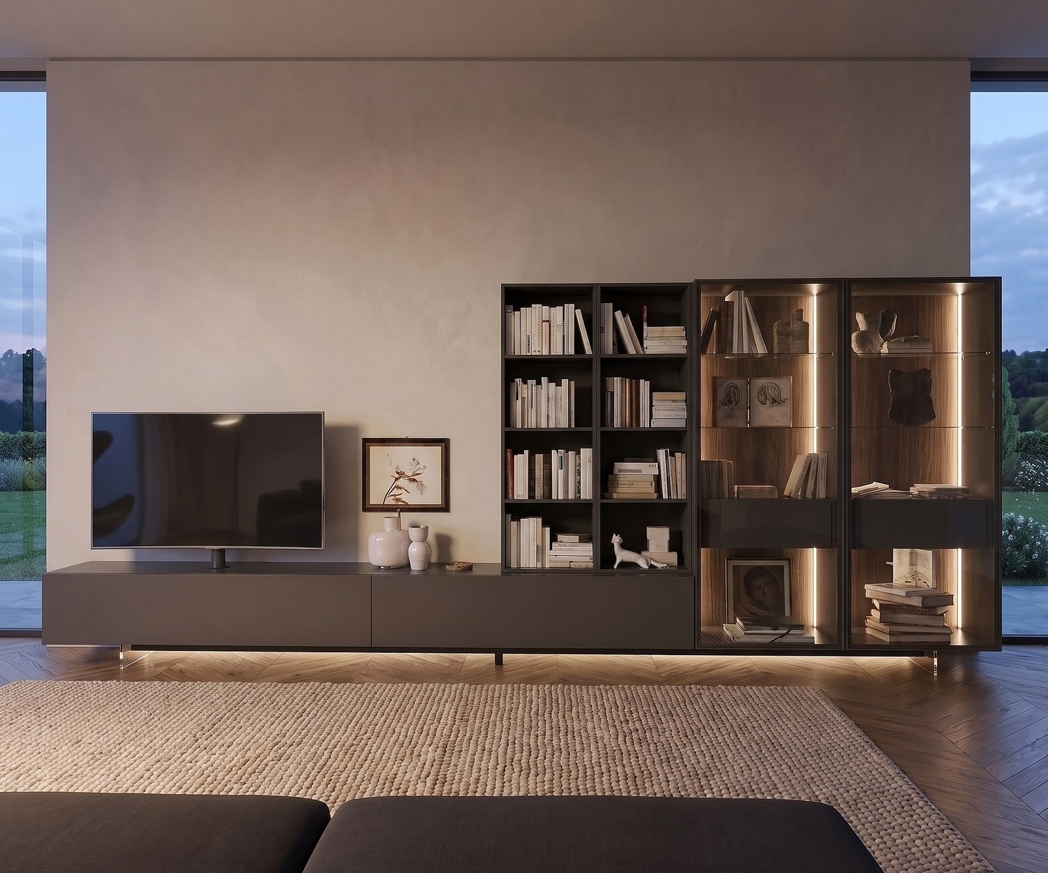 Livitalia TV Sockel transparent für Lowboards Livitalia TV Sockel transparent für schwebende Optik unter modernem Wohnzimmer Lowboard mit LED-Licht.