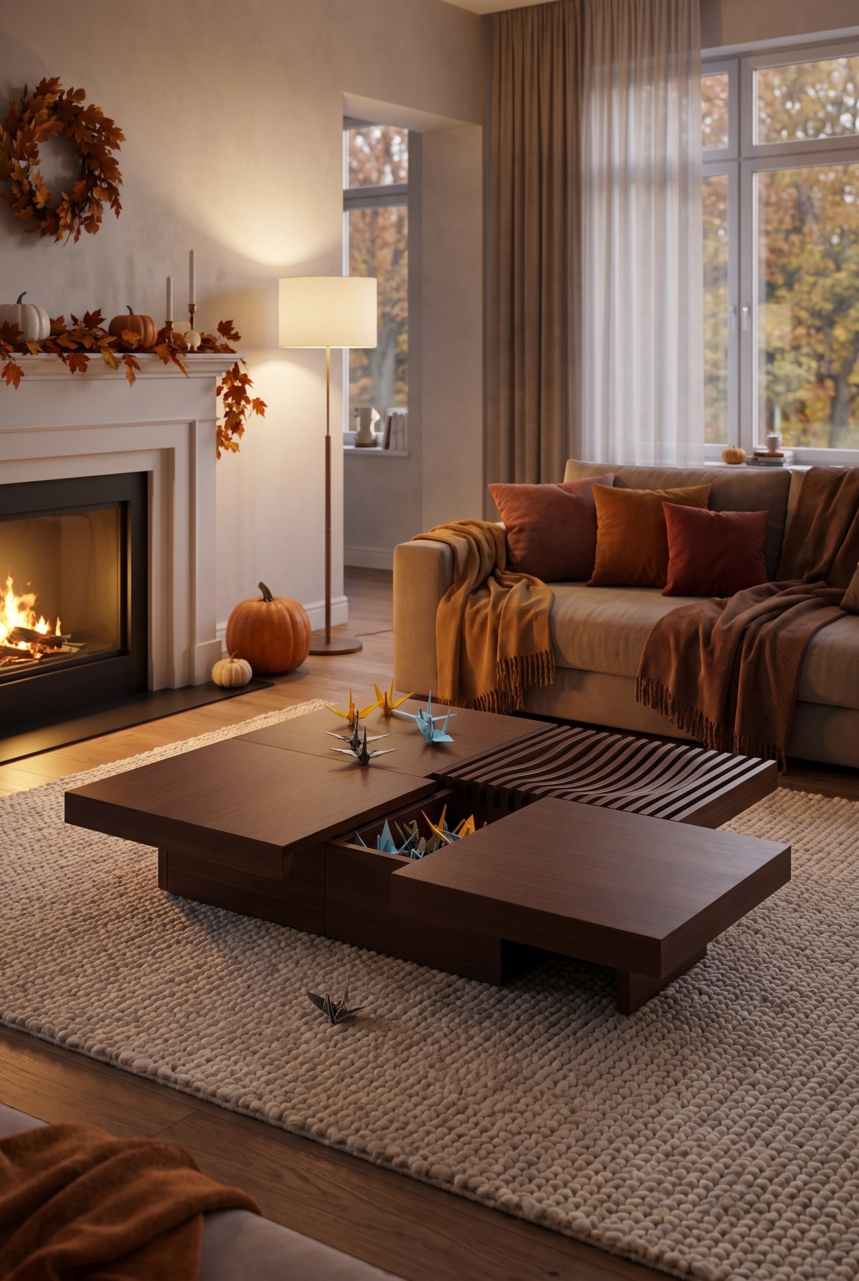 Dunkler Conde House Barringer Couchtisch aus massivem Holz als herbstliches Zentrum in einem modernen, gemütlichen Wohnzimmer