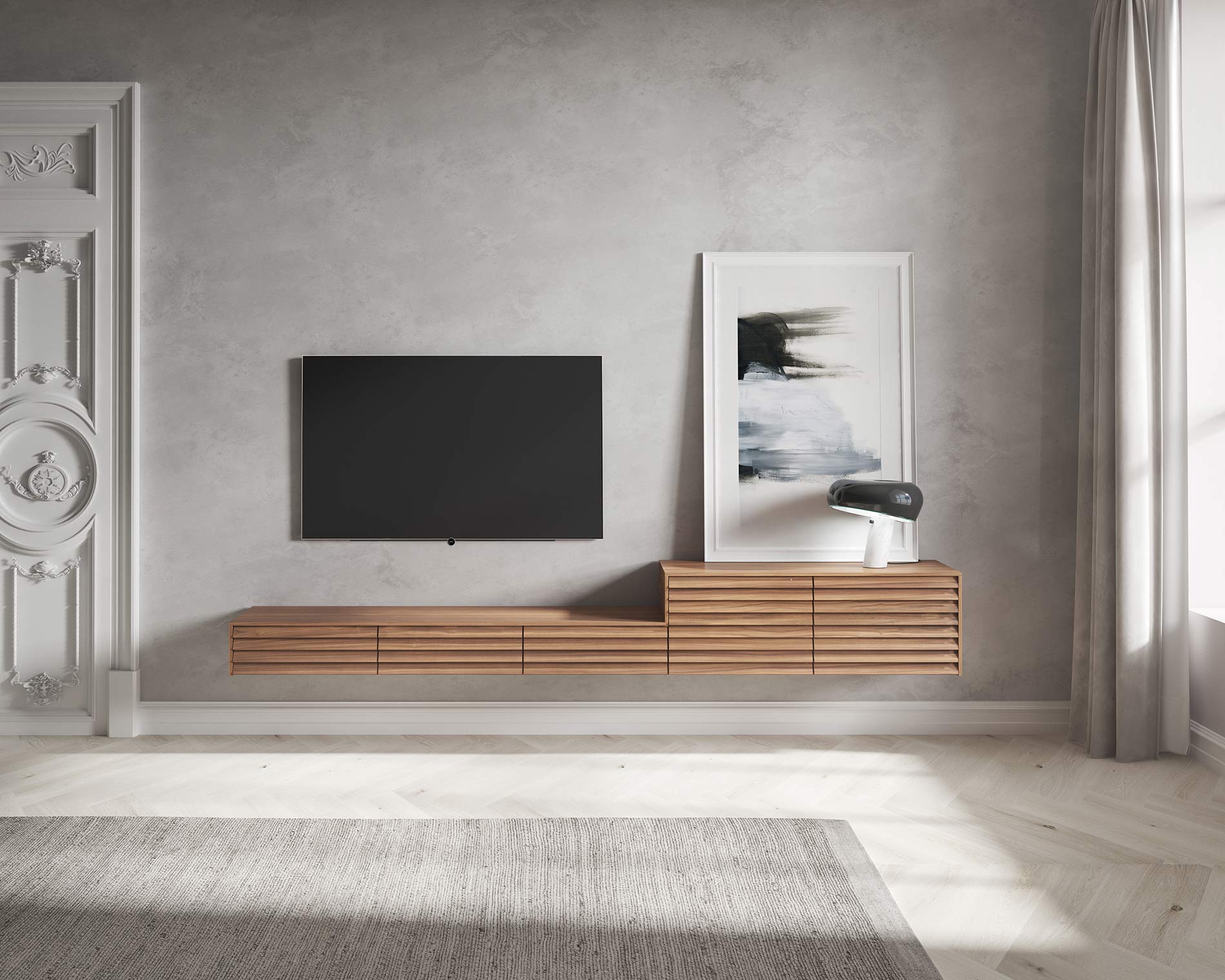 Wohnzimmer mit Designer Lowboard und TV Wandpaneel Wohnzimmer mit Designer Lowboard und TV Wandpaneel