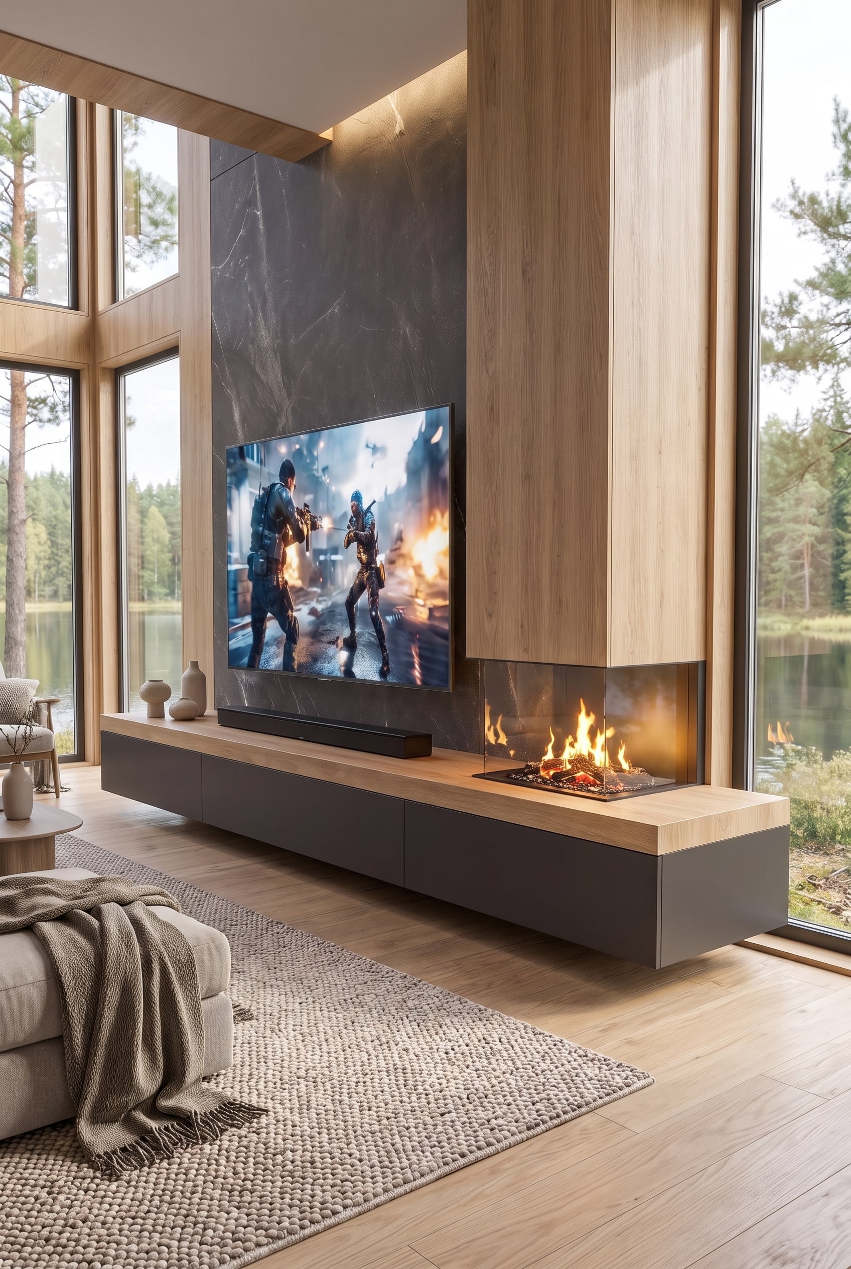 Skandinavische Wohnwand mit Kamin, helle Eichenlamellen und ein schwebendes Lowboard mit dicker Abdeckplatte