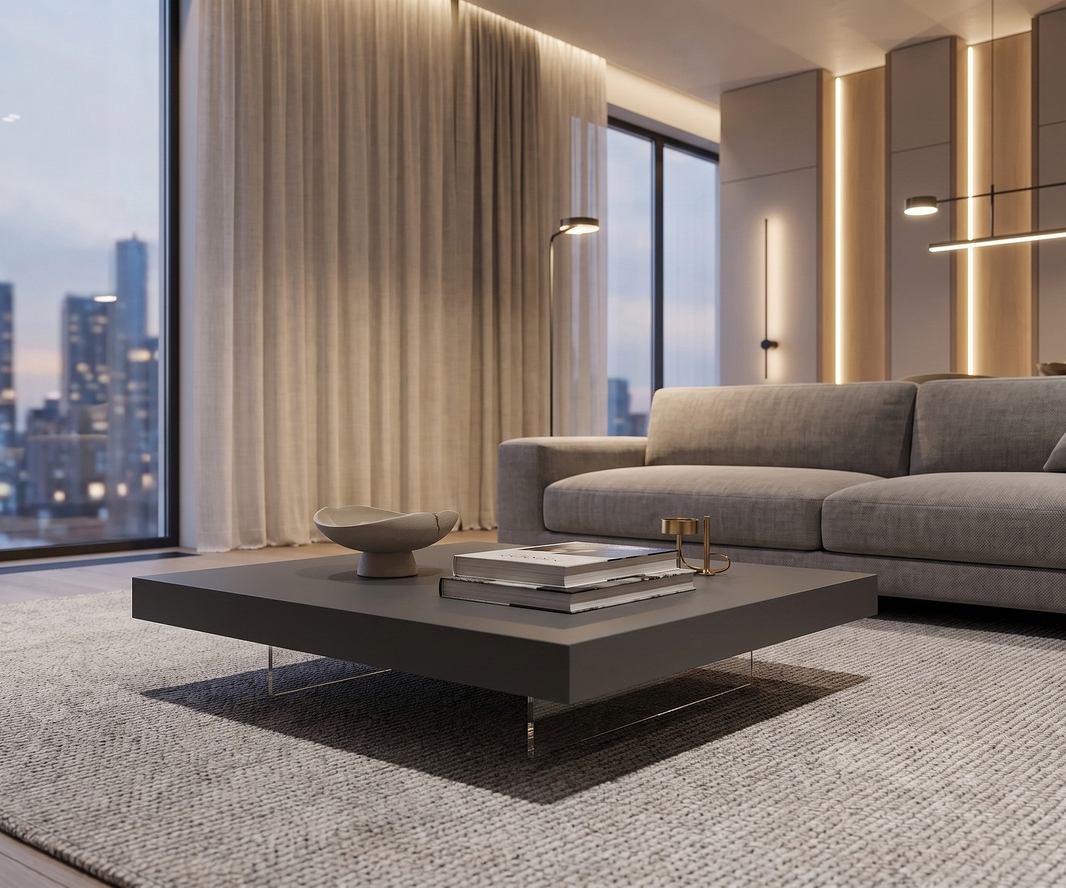 Livitalia Couchtisch Low mit Glasfüßen Moderner Livitalia Couchtisch Low in Anthrazit mit schwebenden Glasfüßen im luxuriösen Wohnzimmer.