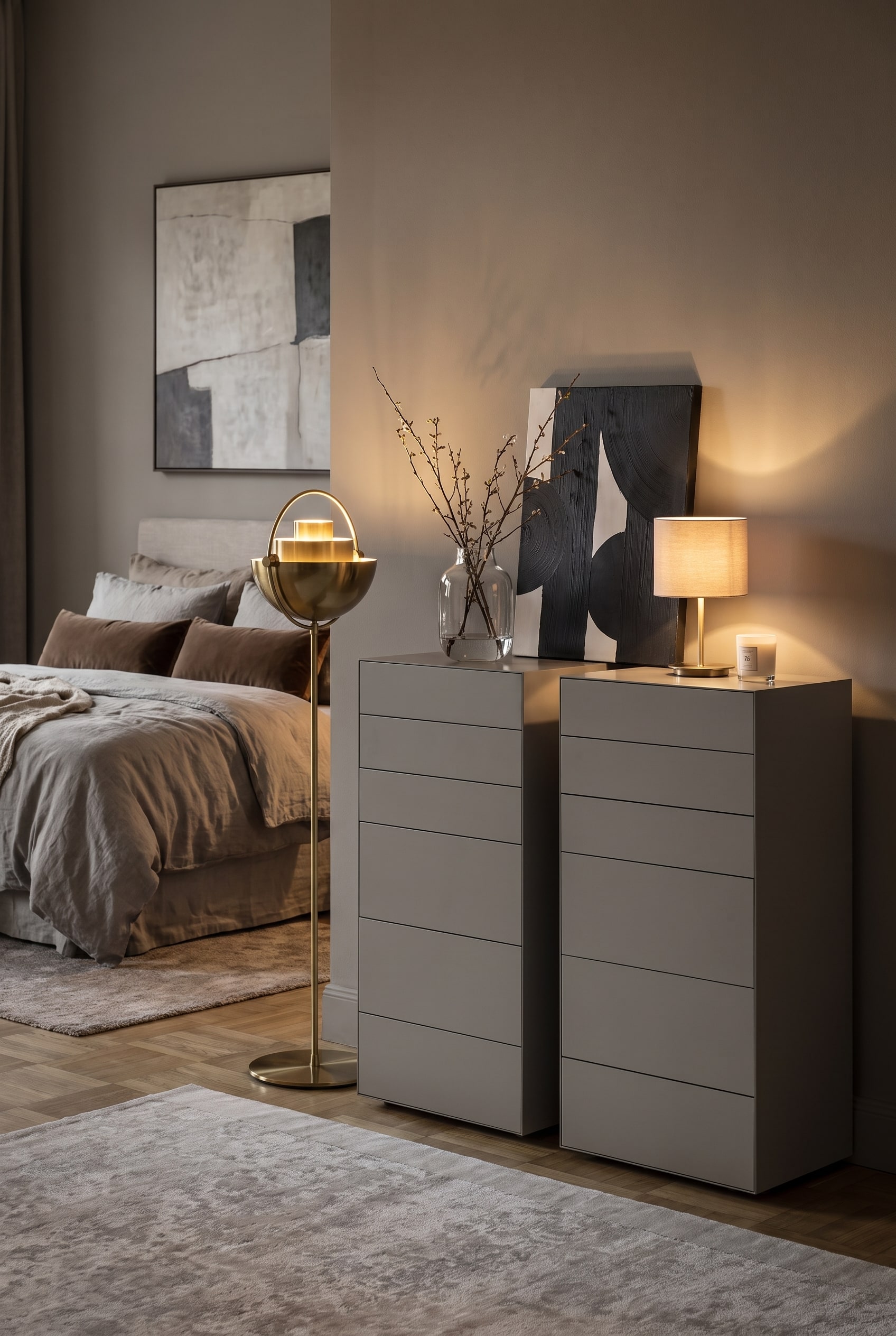 Modernes Schlafzimmer in Taupe mit einer grifflosen Hochkommode, Leinenbettw&auml;sche und einer eleganten Stehleuchte.