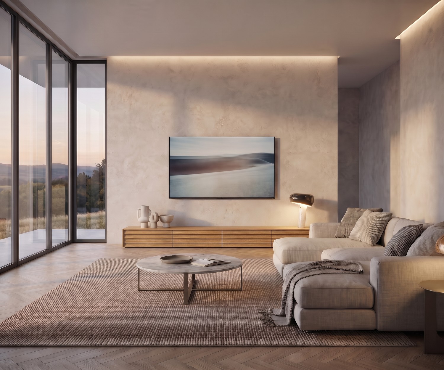 Hängendes TV Lowboard Punt Sussex Konfigurator aus Nussbaum im modernen Wohnzimmer mit LED-Beleuchtung und Marmortisch.