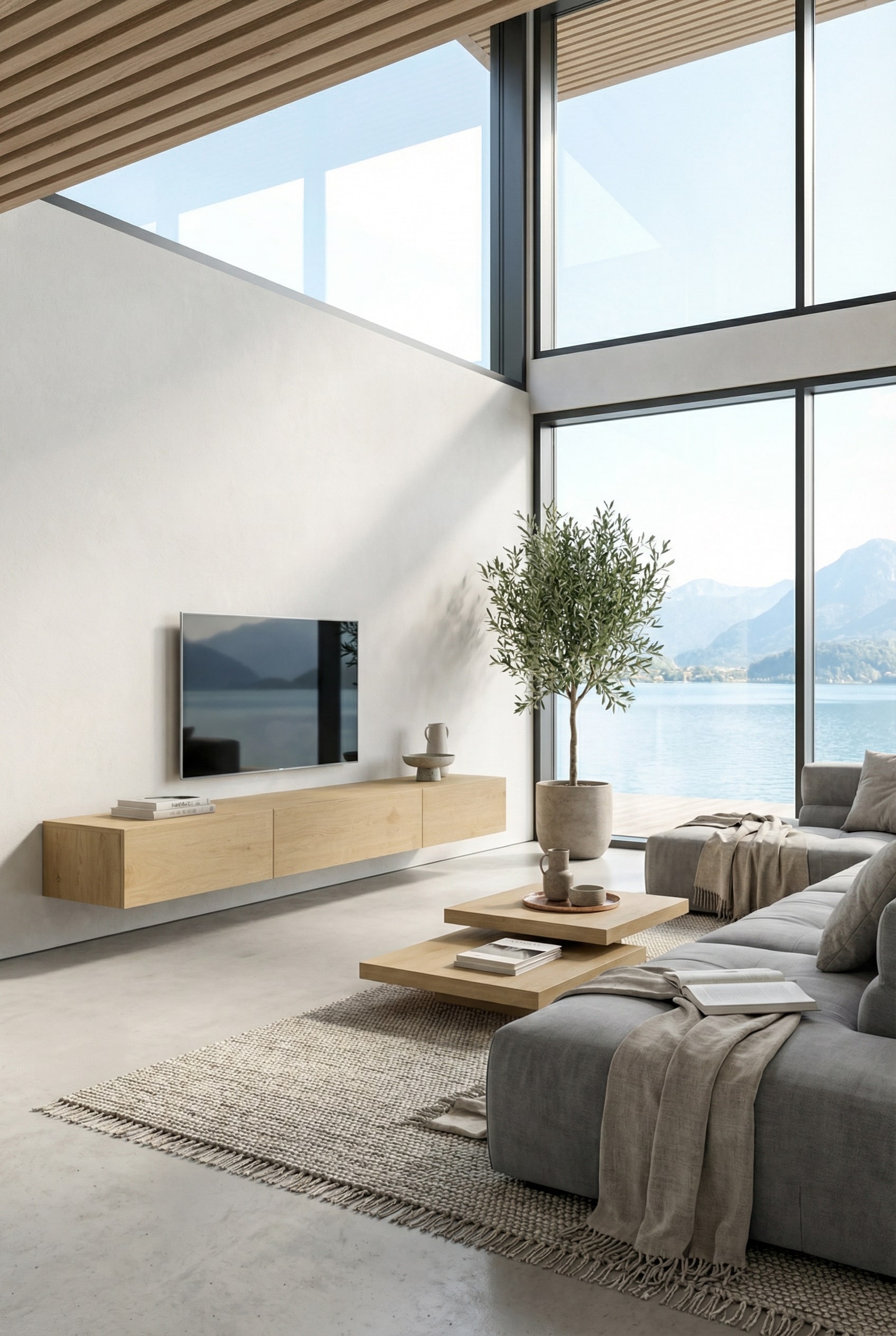 Schwebendes Lowboard aus hellem Holz an einer wei&szlig;en Wand mit modernem Fernseher