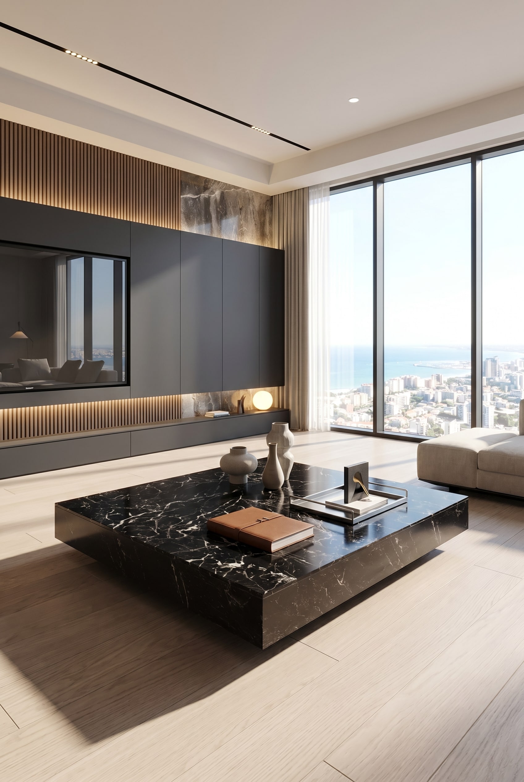 Dunkle, elegante Wohnwand nach Ma&szlig; in einem ansonsten hellen Raum, demonstriert die 60-30-10 Farbregel