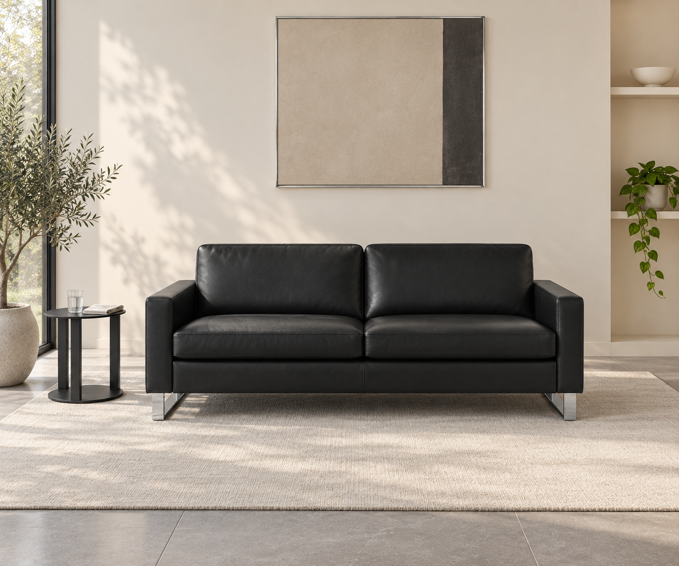 Livitalia Sofa Vinaro, 206 × 91 cm, Seminole 04 Schwarz, Echtleder, Chromkufen – Frontansicht ohne Couchtisch Livitalia Sofa Vinaro, 206 × 91 cm, Seminole 04 Schwarz, Echtleder, Chromkufen – Frontansicht ohne Couchtisch