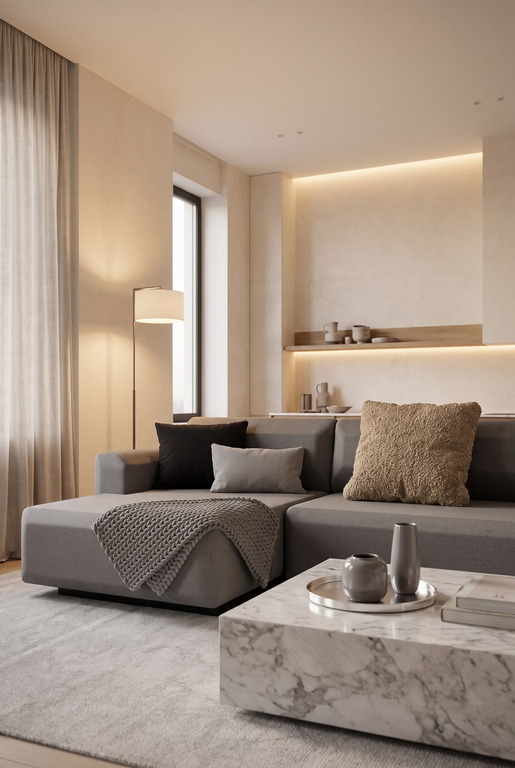 Minimalistisches Schlafsofa Prostoria Fade mit einem grob gewebten Bouclé-Kissen als haptischem Kontrast.