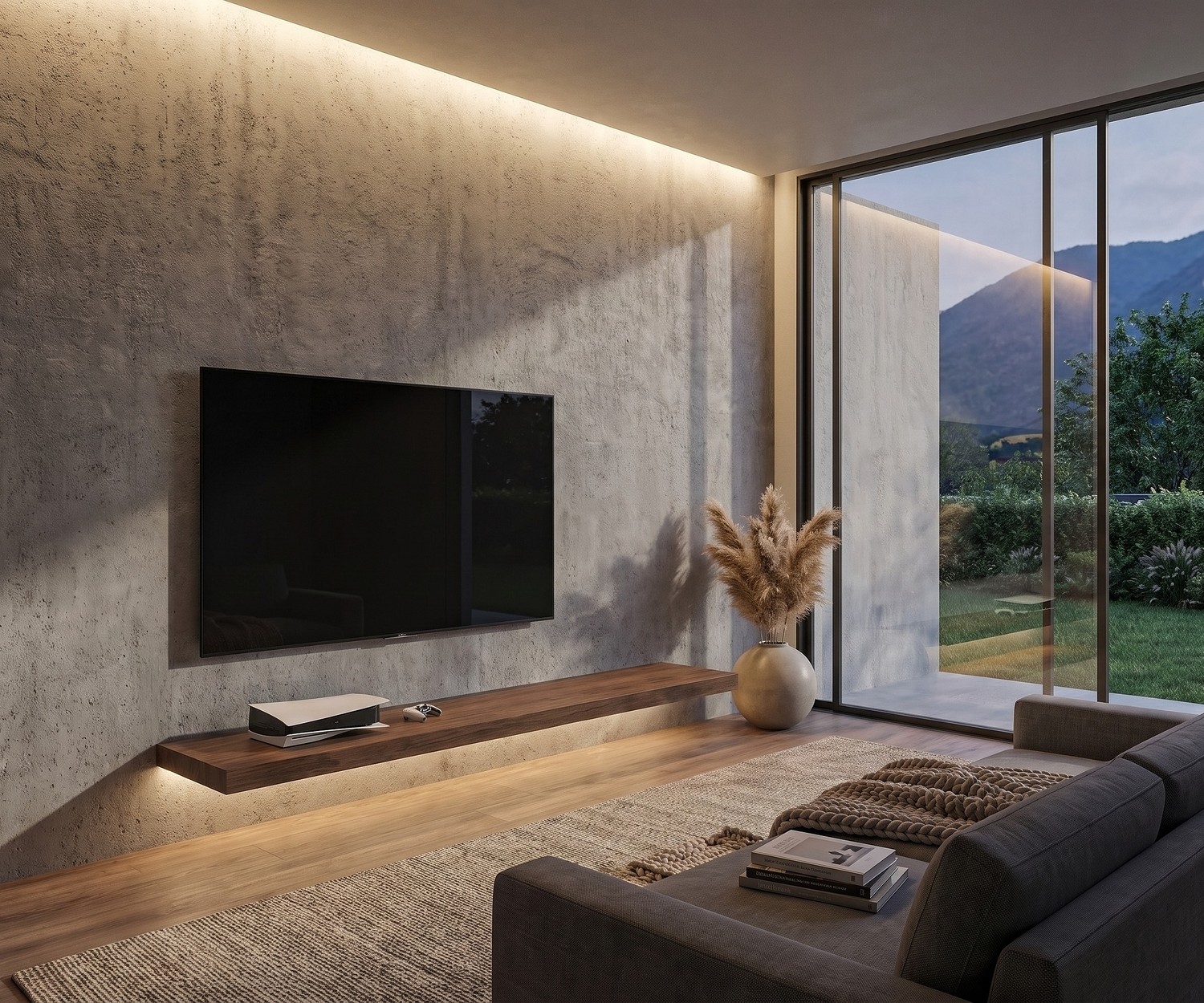 Livitalia TV Wandboard aus Holz im minimalistischen Wohnzimmer an einer Betonwand unter dem Fernseher.