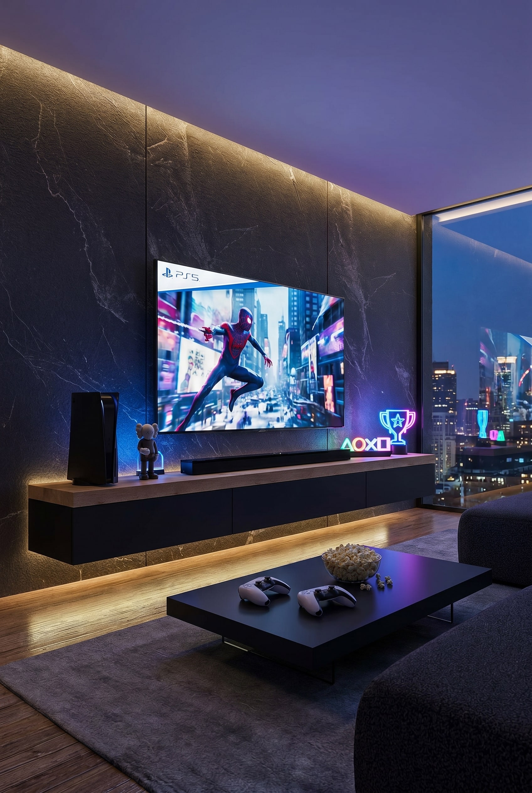 Dunkles Wohnzimmer mit massivem schwarzem Lowboard, dicker Abdeckplatte und gro&szlig;em grauen Big Sofa