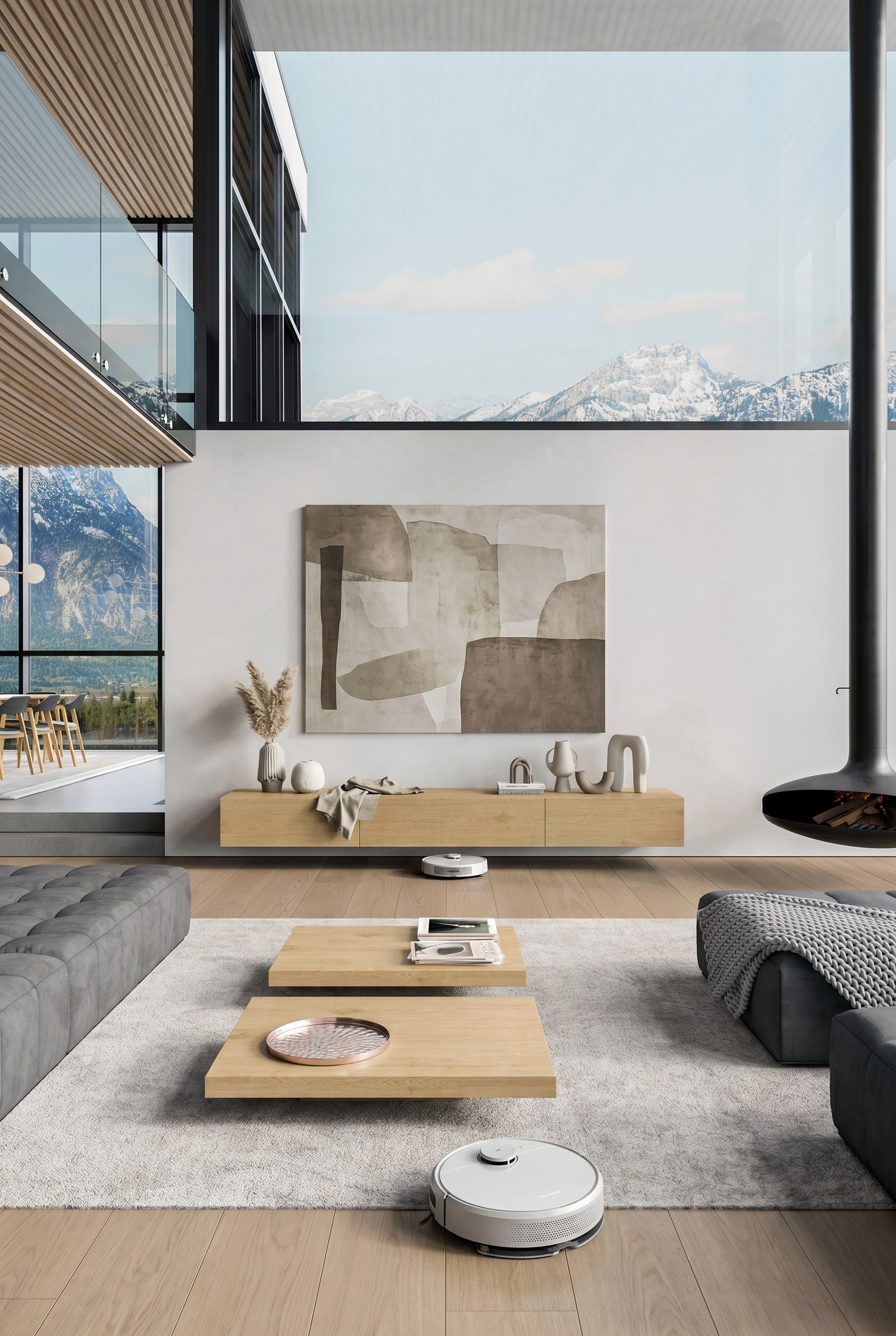 Modernes Wohnzimmer mit schwebendem Echtholz-Lowboard und intelligentem Saugroboter auf dem Boden