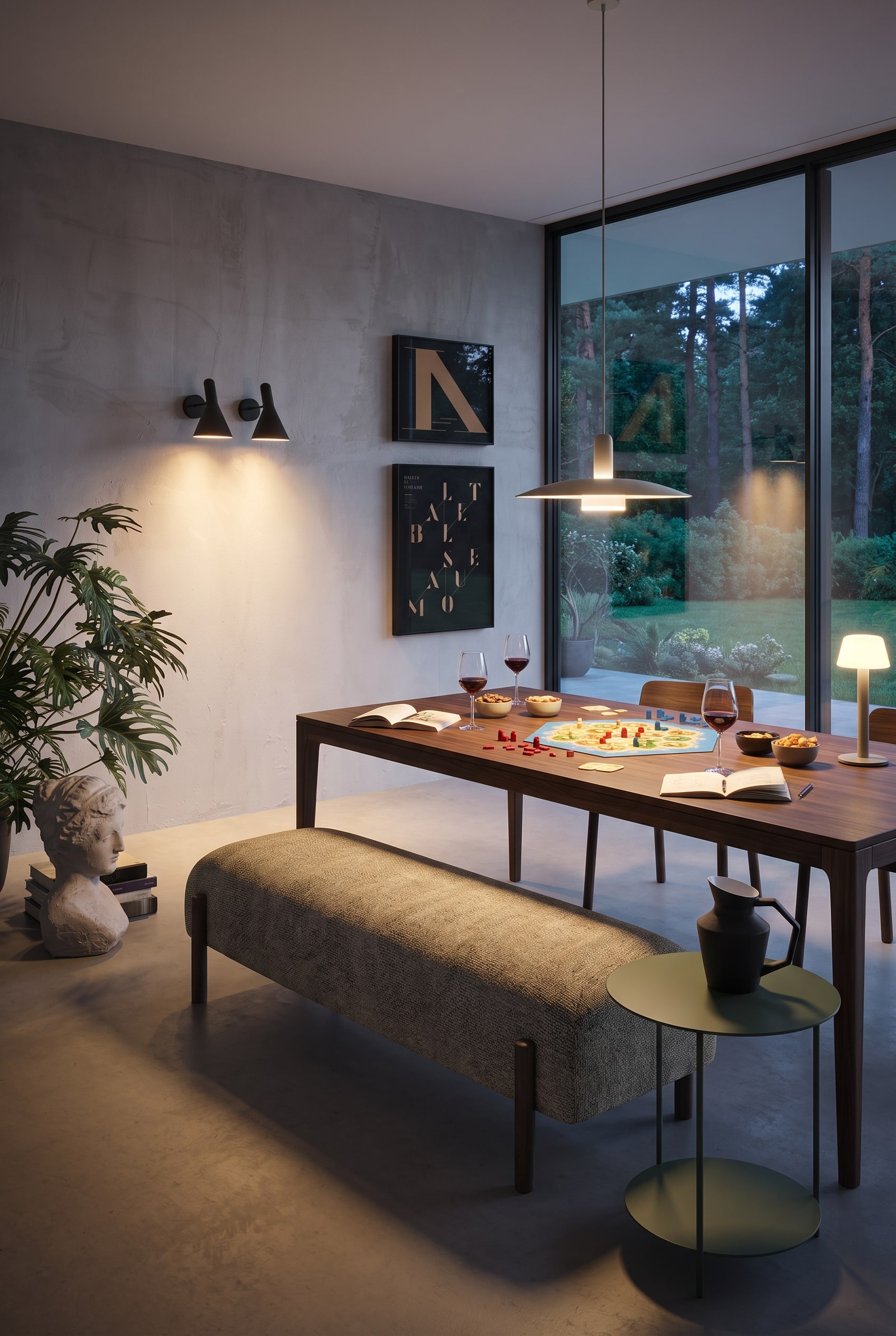 Modernes Interieur mit einer gepolsterten Sitzbank auf Holzbeinen, einem gr&uuml;nen Beistelltisch und Kunstprints an der Wand